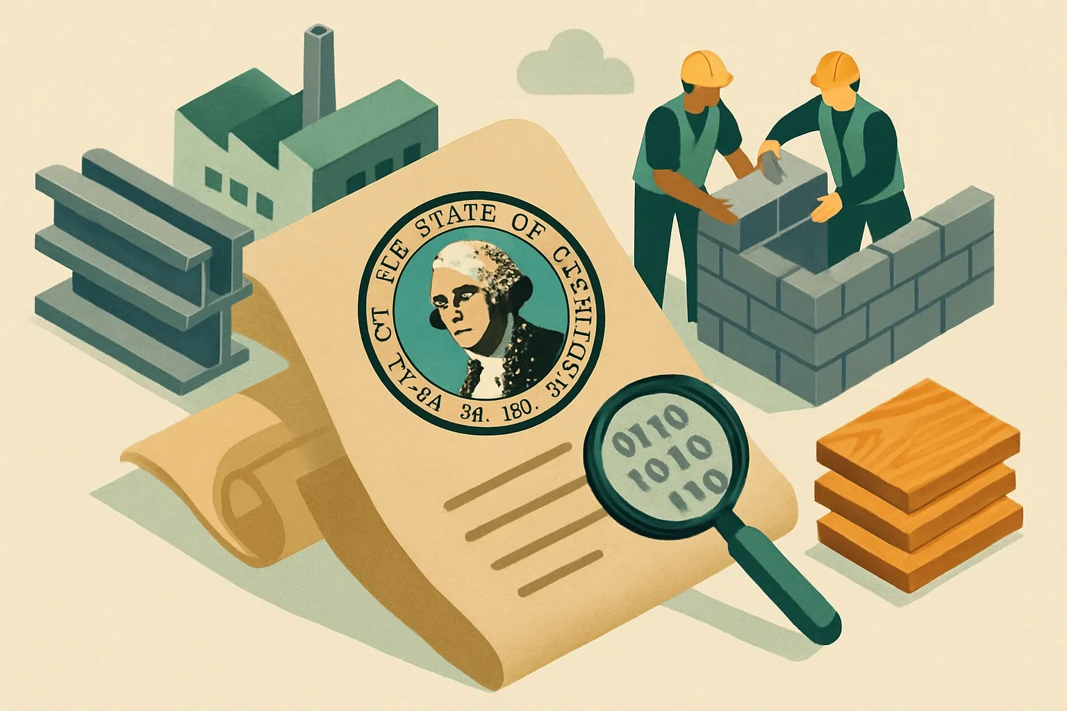 Generate an illustration for an article following this concept:
Washington EO 20-01, decoded for manufacturers
Washington’s Executive Order 20-01 quietly rewired how state projects buy, build, and measure impact. If you supply concrete, steel, or engineered wood, this order and its companion law turn EPDs from nice-to-have into table stakes. Miss the paperwork and bids slow. Nail it and you move to the front of the queue.
Ensure that you use no text, as this illustration will be used on international translations of the article..
Use an illustrative style (e.g. isometic) and don't generate in a photorealistic style.