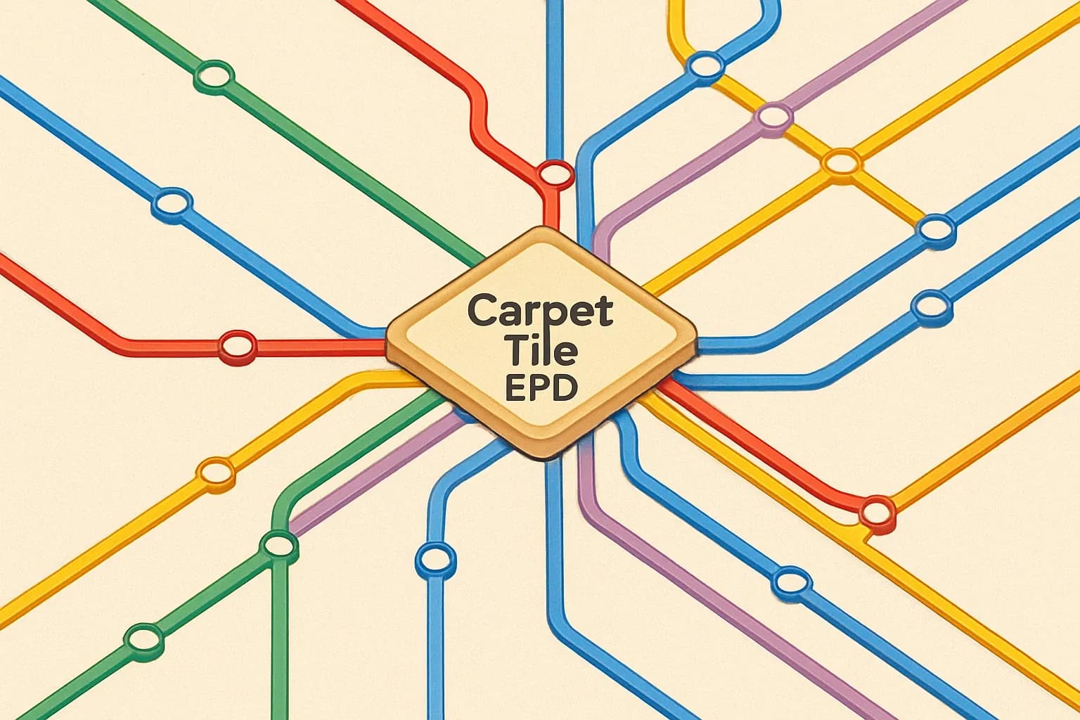 A stylized transit map where different colored lines represent PCR routes by region and operator, converging on a central 'Carpet Tile EPD' station.