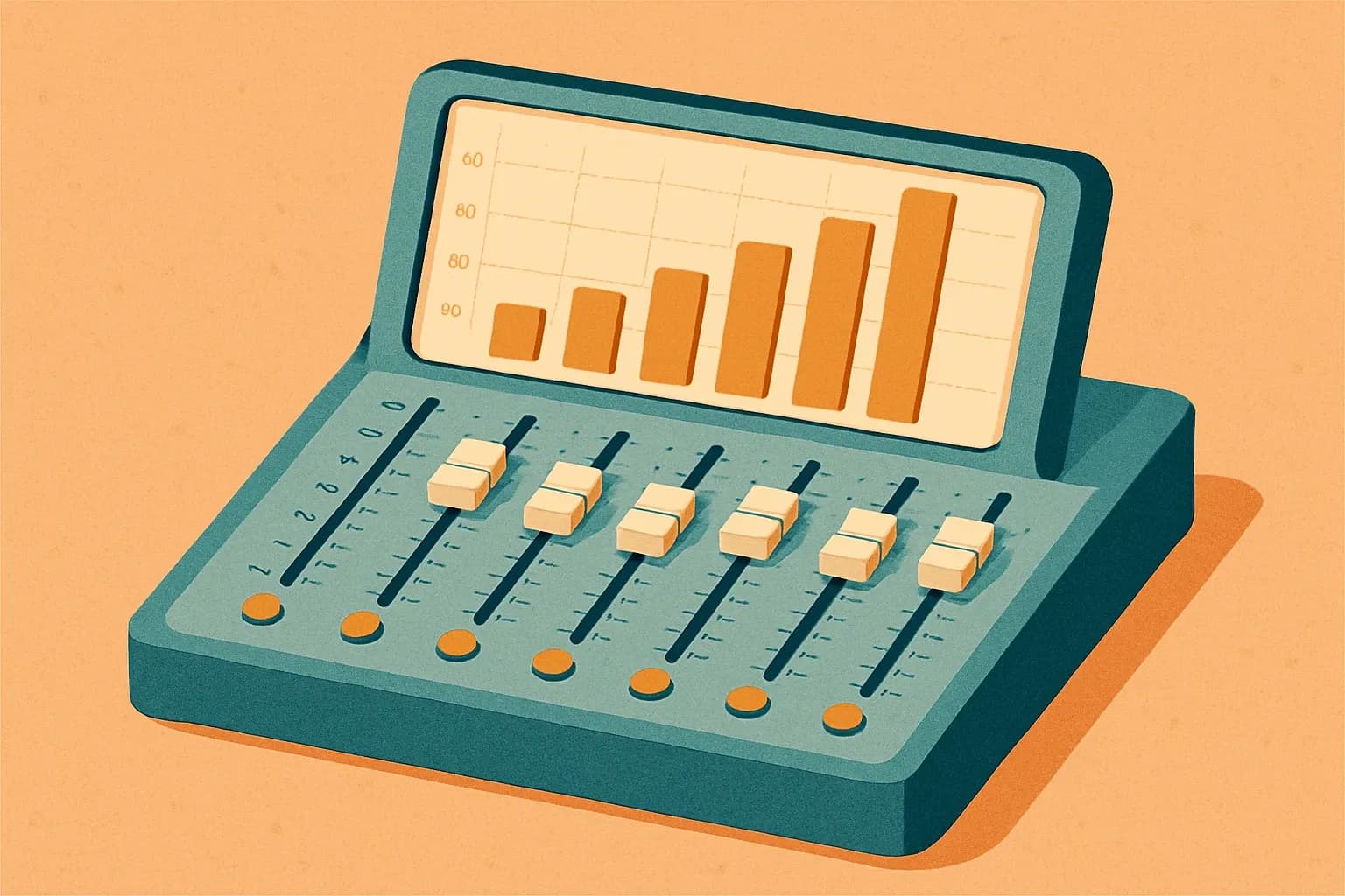 A sound engineer’s mixing console with sliders labeled Energy, Water, Materials, IEQ, Innovation, and Regional Priority, visually showing points increasing as sliders move.