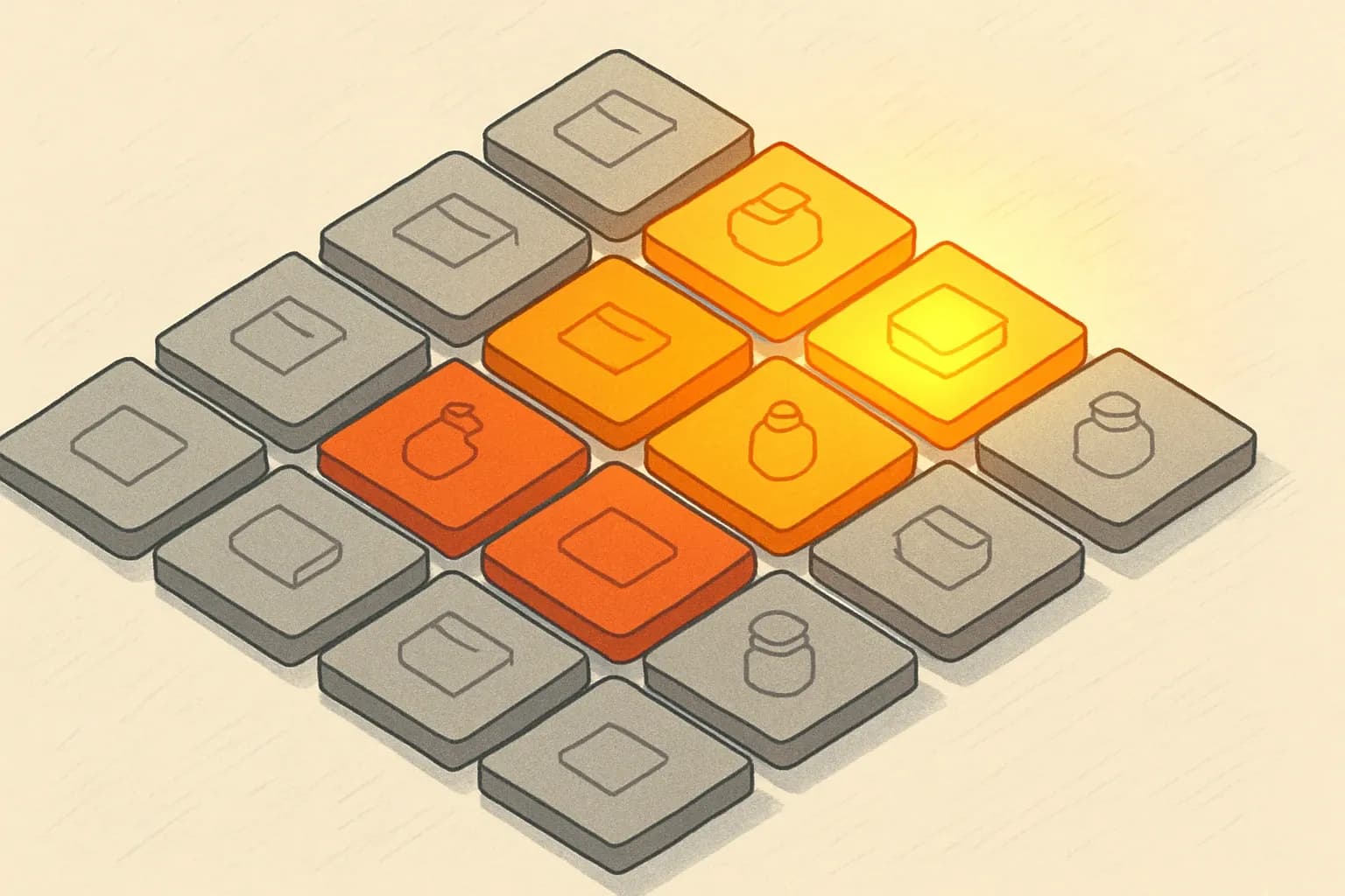 A grid of product tiles where a few tiles glow bright to indicate high-priority EPD candidates, with subtler tones for medium and low priorities.