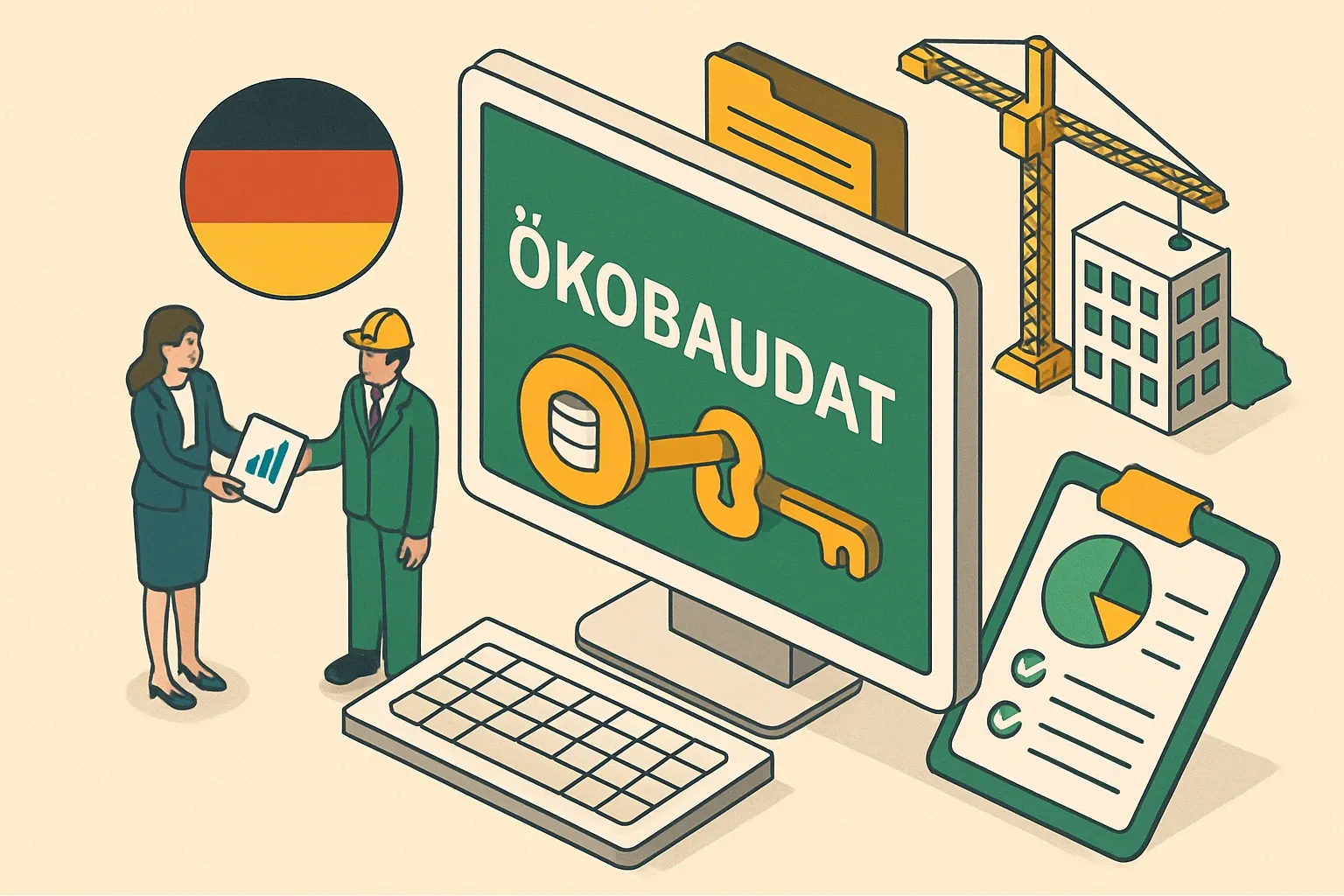 Generate an illustration for an article following this concept:
ÖKOBAUDAT: Germany’s EPD Data Hub, Explained
Selling into Germany or EU projects with German public clients on the team often hinges on one quiet gatekeeper: ÖKOBAUDAT. If your product’s EPD is findable there, you glide through LCA checks in the BNB system and many design workflows. If it is not, teams stall, swap in a competitor, or push the bid to “later.” Here is how this data hub works, what it hosts, and how to make it speed sales instead of slowing them.
Ensure that you use no text, as this illustration will be used on international translations of the article..
Use an illustrative style (e.g. isometic) and don't generate in a photorealistic style.