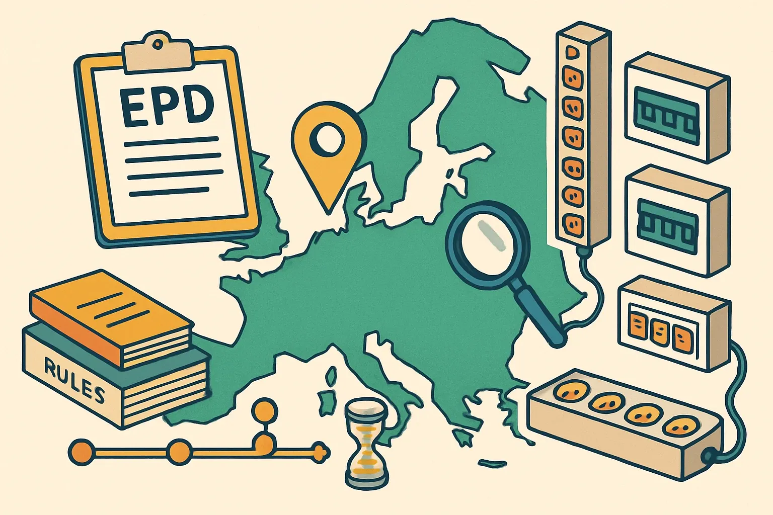 Generate an illustration for an article following this concept:
EPDs for PDUs in Europe The data-based guide
Planning a PDU EPD in 2026? Here is the European landscape in one read. We map who is publishing, which rulebooks they use, where expiries cluster, and how to choose a path that wins specs without bogging your team down. “PDU” here also covers rack PDUs, panelboards, distribution boards, and power strips for IT racks.
Ensure that you use no text, as this illustration will be used on international translations of the article..
Use an illustrative style (e.g. isometic) and don't generate in a photorealistic style.