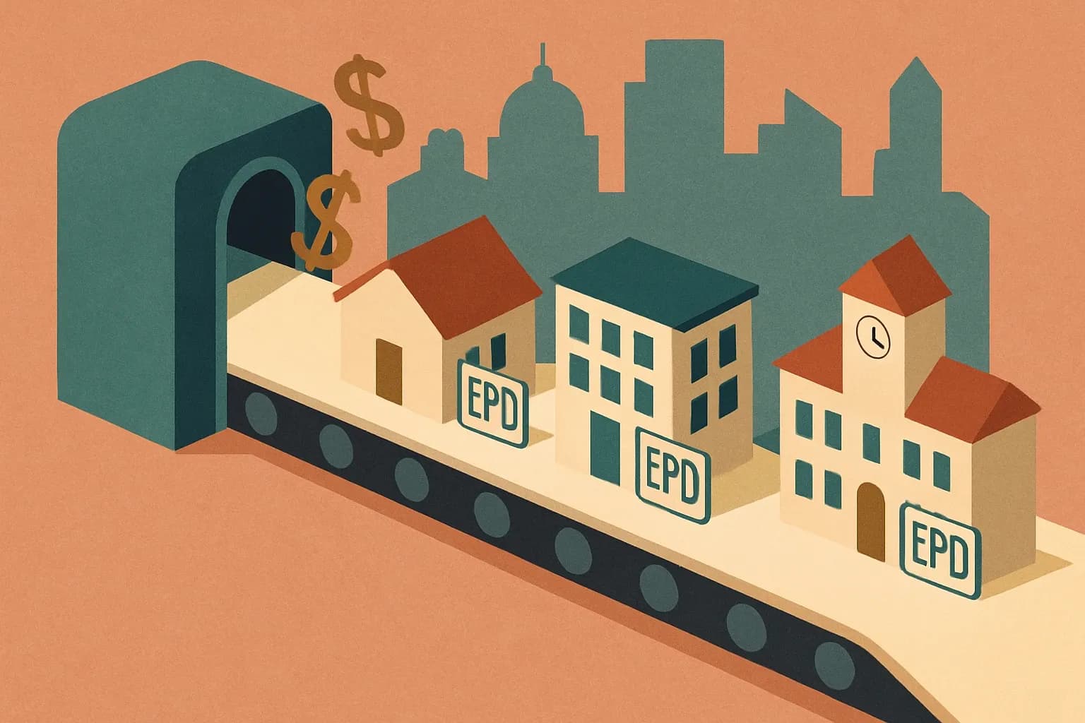 A conveyor belt of public-building silhouettes with dollar signs entering one end and products stamped with EPD labels getting loaded along the way