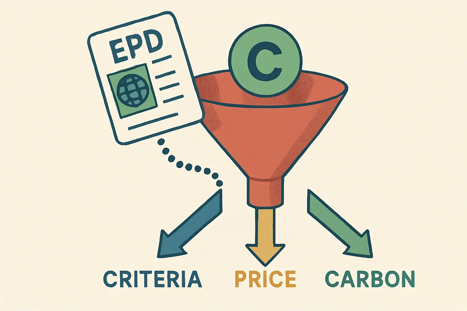 A clean graphic of a procurement funnel labeled “Criteria, Price, Carbon,” showing how an EPD feeds quantified carbon into the decision flow.