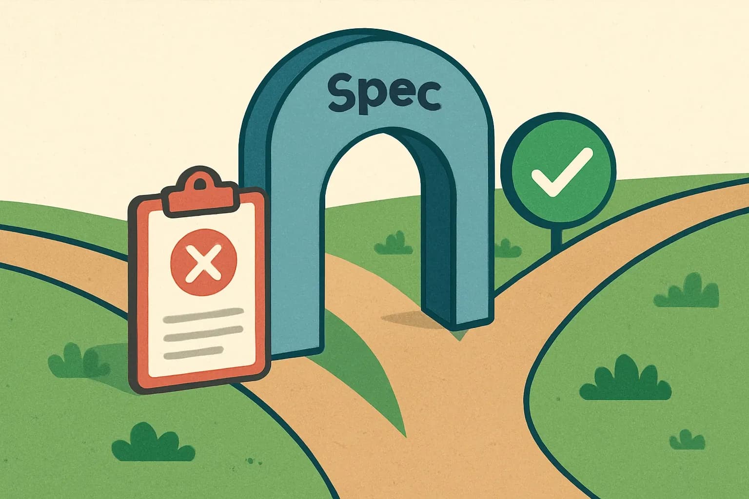 A forked doorway labeled Spec. One path is blocked by a red clipboard without an EPD checkmark, the other is open with a green check, showing how documentation unlocks access.