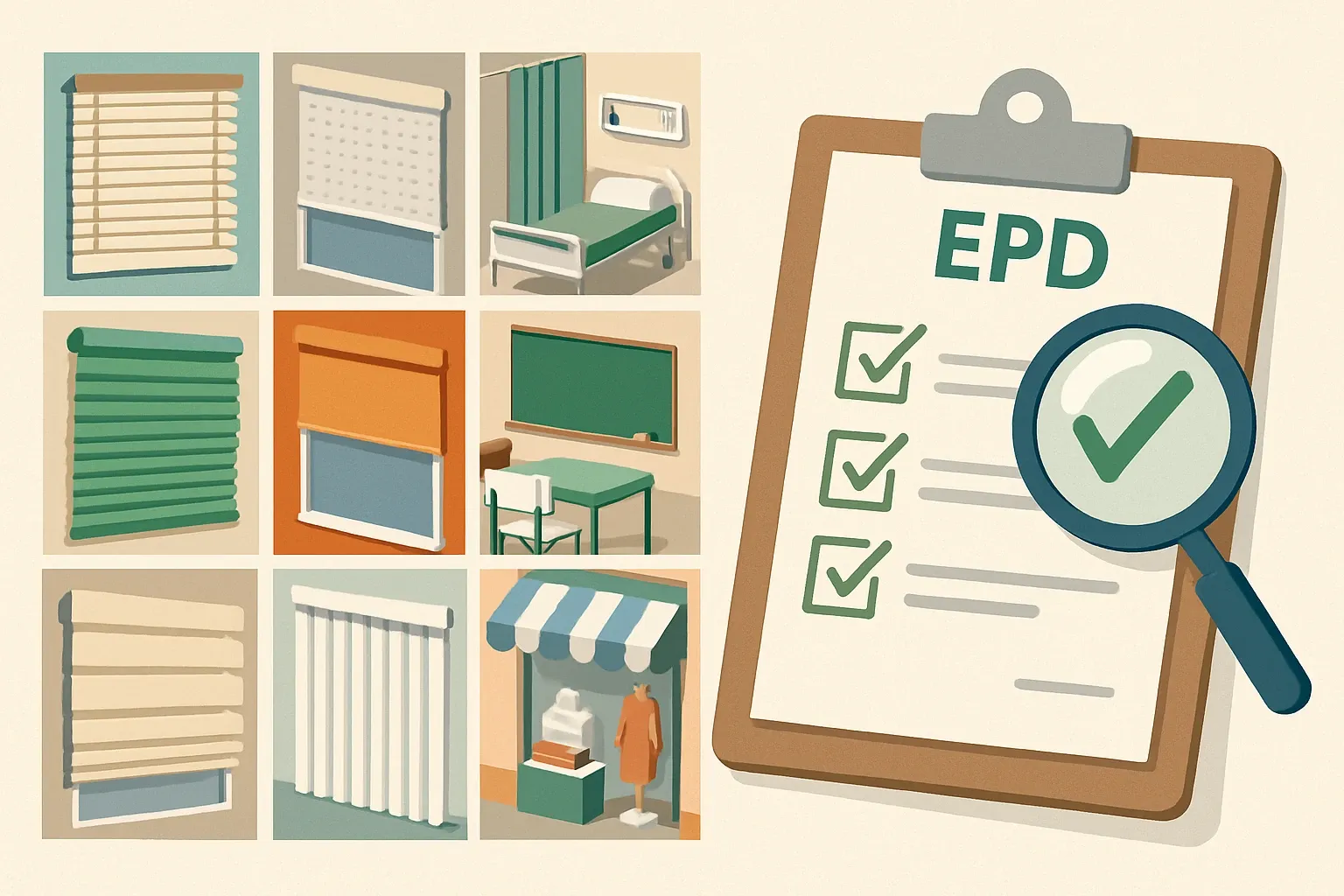 Generate an illustration for an article following this concept:
Luxaflex: product breadth and EPD reality check
Luxaflex is a familiar name in window coverings across Europe and beyond. Their portfolio touches most use cases in offices, healthcare, education and retail. Here’s a crisp look at what they make, how wide the range runs, and how well those products are currently backed by Environmental Product Declarations so sales teams don’t get caught flat‑footed when a spec calls for one.
Ensure that you use no text, as this illustration will be used on international translations of the article..
Use an illustrative style (e.g. isometic) and don't generate in a photorealistic style.