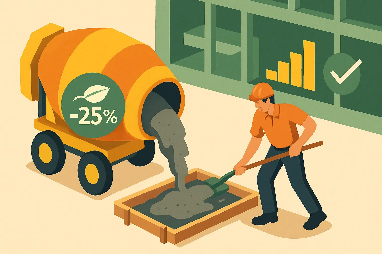 Generate an illustration for an article following this concept:
Berkeley 4.405.1: Low carbon concrete that wins specs
If you pour concrete in Berkeley, your mix now needs at least a 25 percent cut in cement or a documented exception. That single line in the city’s green code can stall submittals or speed them, depending on how early you plan mixes and documentation. The upside is clear. EPDs for optimized mixes make the compliance story easy to read and even easier to approve. (Berkeley Municipal Code, 2024)
Ensure that you use no text, as this illustration will be used on international translations of the article..
Use an illustrative style (e.g. isometic) and don't generate in a photorealistic style.