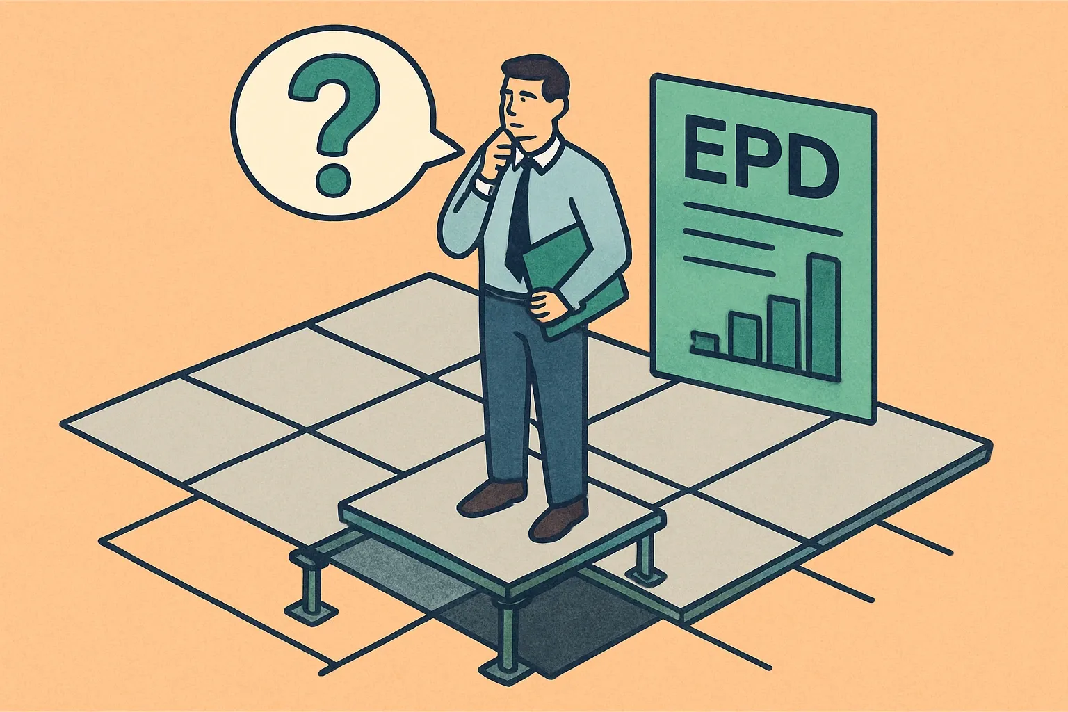 Generate an illustration for an article following this concept:
Is There an Industry-wide EPD for Raised Access Floors?
Searching for a sector average or industry-wide EPD for raised access floors? Here’s the straight answer, plus regional context and examples of manufacturers already publishing product‑specific EPDs. If you make access flooring, this will help you decide your next move to win more specs.
Ensure that you use no text, as this illustration will be used on international translations of the article..
Use an illustrative style (e.g. isometic) and don't generate in a photorealistic style.