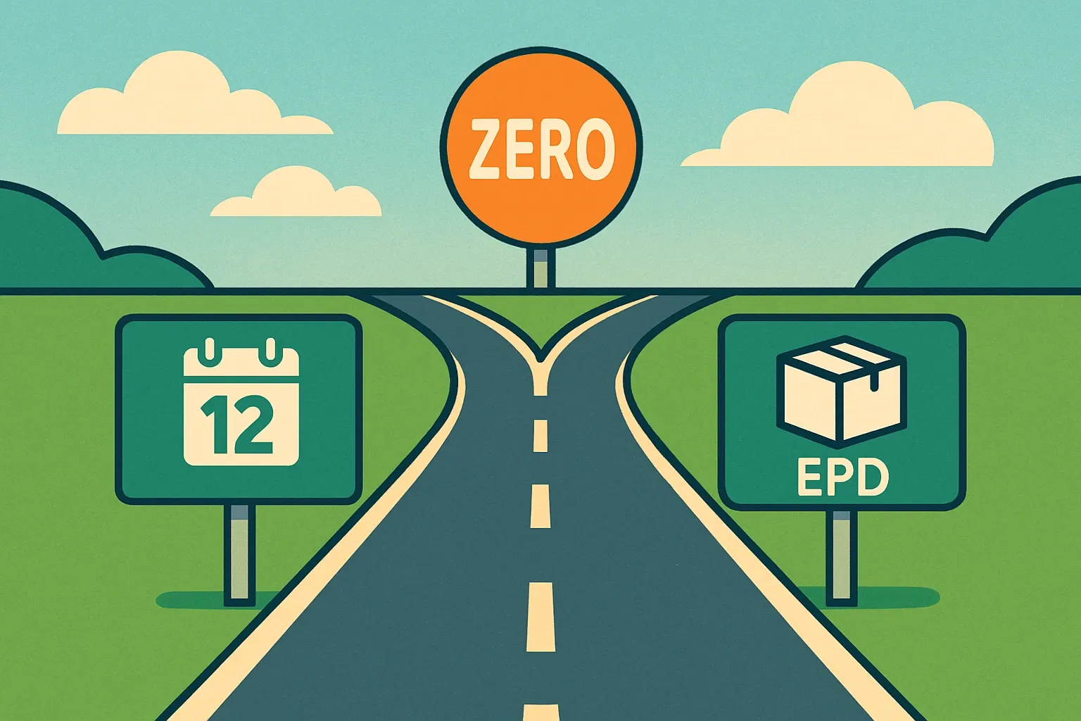 A stylized roadway splitting into two signed lanes, one labeled Operational Carbon with a calendar icon for 12 months, the other labeled Embodied Carbon with a product box icon and EPD label, both converging toward a Zero sign.