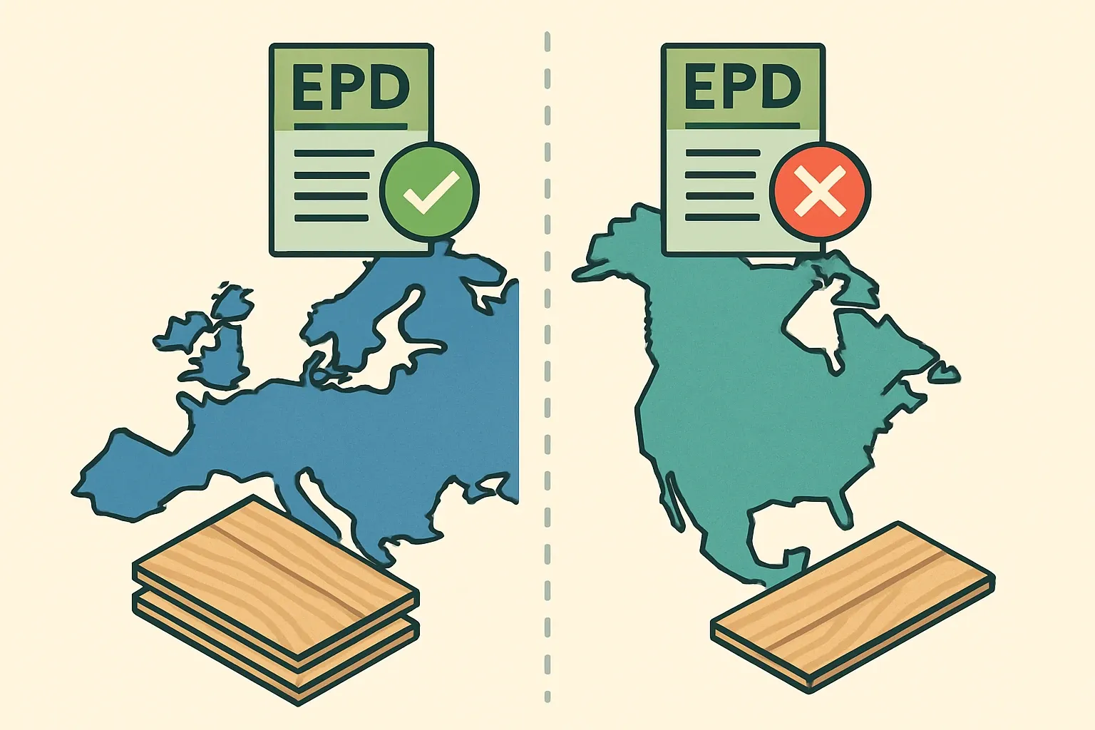 Generate an illustration for an article following this concept:
Industry‑wide EPD for laminate flooring?
Short answer. Yes in Europe. Not yet in North America. If you need an industry-wide or sector average EPD for laminate flooring, the European producers’ association has one. If you sell into the U.S. or Canada, there isn’t a published sector average today, so a product‑specific EPD is the fastest way to win specs and keep whole‑building LCAs from penalizing your product by default.
Ensure that you use no text, as this illustration will be used on international translations of the article..
Use an illustrative style (e.g. isometic) and don't generate in a photorealistic style.