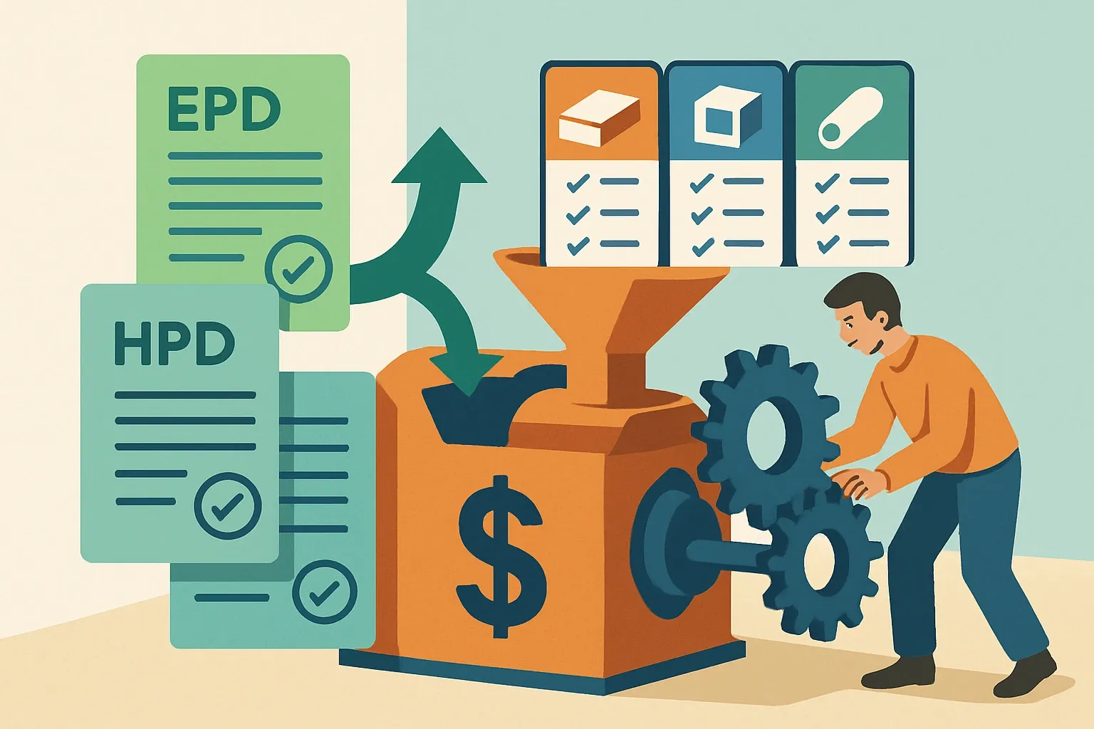 Generate an illustration for an article following this concept:
Turn Certifications Into Your Sales Engine
Treat environmental certifications as a primary competitive advantage, not back‑office paperwork. When EPDs and HPDs are easy to find and easy to use in a spec, they move products from shortlist to lock‑in. Architects ask for data. Many manufacturer websites still hide it. Teams that surface clean, current declarations in selling moments grow share. Teams without them get swapped out. This post shows how to put transparency docs to work in product comparisons, rep conversations, and spec defense.
Ensure that you use no text, as this illustration will be used on international translations of the article..
Use an illustrative style (e.g. isometic) and don't generate in a photorealistic style.