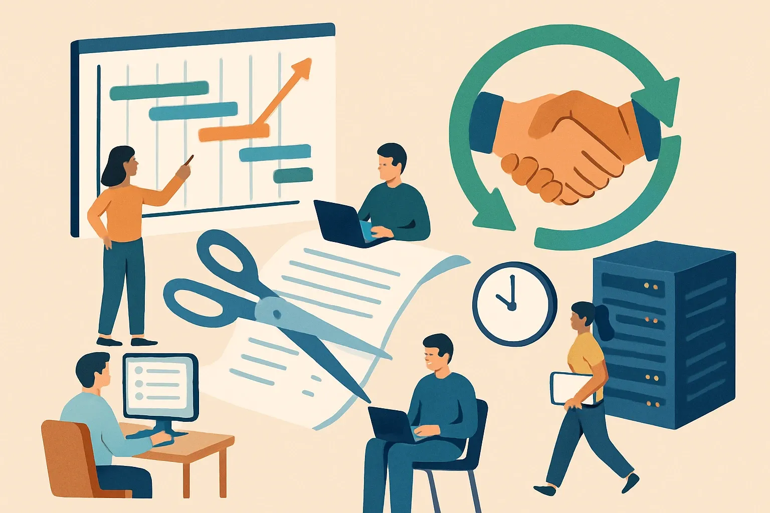 Generate an illustration for an article following this concept:
Lean Team EPDs: Phasing, Shortcuts, Smart Outsourcing
EPD work competes with grants, maintenance windows, and the daily scramble. When headcount is thin, the trick is not working longer. It is sequencing the right products, trimming scope without losing credibility, and handing off the heavy lifting to a partner built for data wrangling. Here is a field guide that keeps bids moving and sanity intact.
Ensure that you use no text, as this illustration will be used on international translations of the article..
Use an illustrative style (e.g. isometic) and don't generate in a photorealistic style.