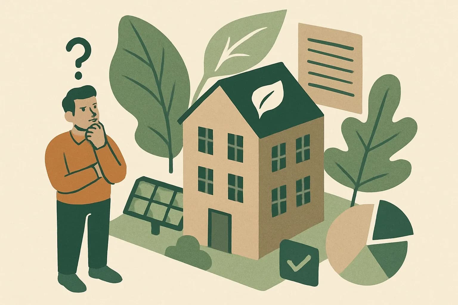 Generate an illustration for an article following this concept:
Green Deal 154: Biobased building, decoded
Confused about how a 2013 Dutch Green Deal still shapes today’s specs and EPD choices? Green Deal 154 lit the fuse for biobased building in the Netherlands, and its ripple effects now run straight through the NMD, MPG scores, and your product roadmap.
Ensure that you use no text, as this illustration will be used on international translations of the article..
Use an illustrative style (e.g. isometic) and don't generate in a photorealistic style.