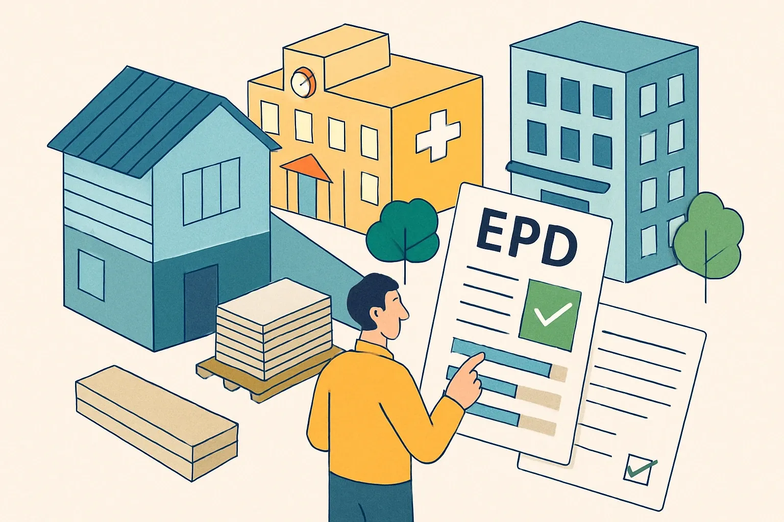 Generate an illustration for an article following this concept:
Cemintel in focus: products and EPD coverage
Cemintel sits inside CSR’s building portfolio and focuses on fibre‑cement cladding and facade systems. If you sell into education, healthcare or mixed‑use projects, the question is simple. How much of that range is covered by product‑specific EPDs today, and where are the quick wins to close any gaps and win more specs without endless back‑and‑forth?
Ensure that you use no text, as this illustration will be used on international translations of the article..
Use an illustrative style (e.g. isometic) and don't generate in a photorealistic style.