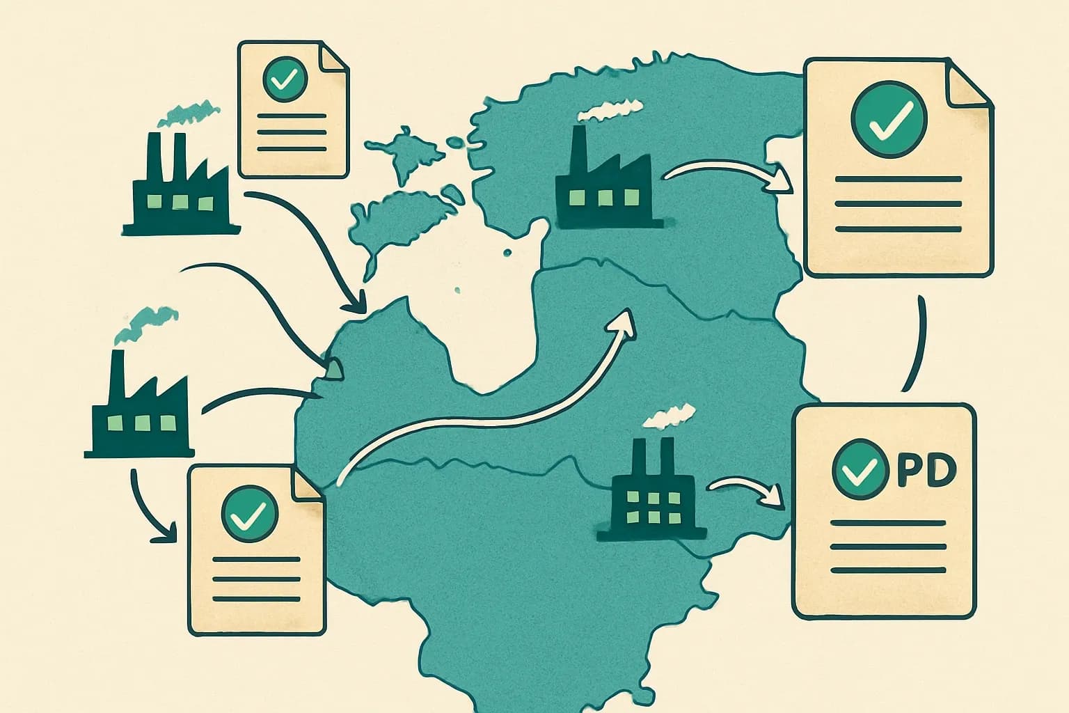 A clean map of Estonia, Latvia, and Lithuania showing arrows to common EPD program operators and data flows from factories to declarations.