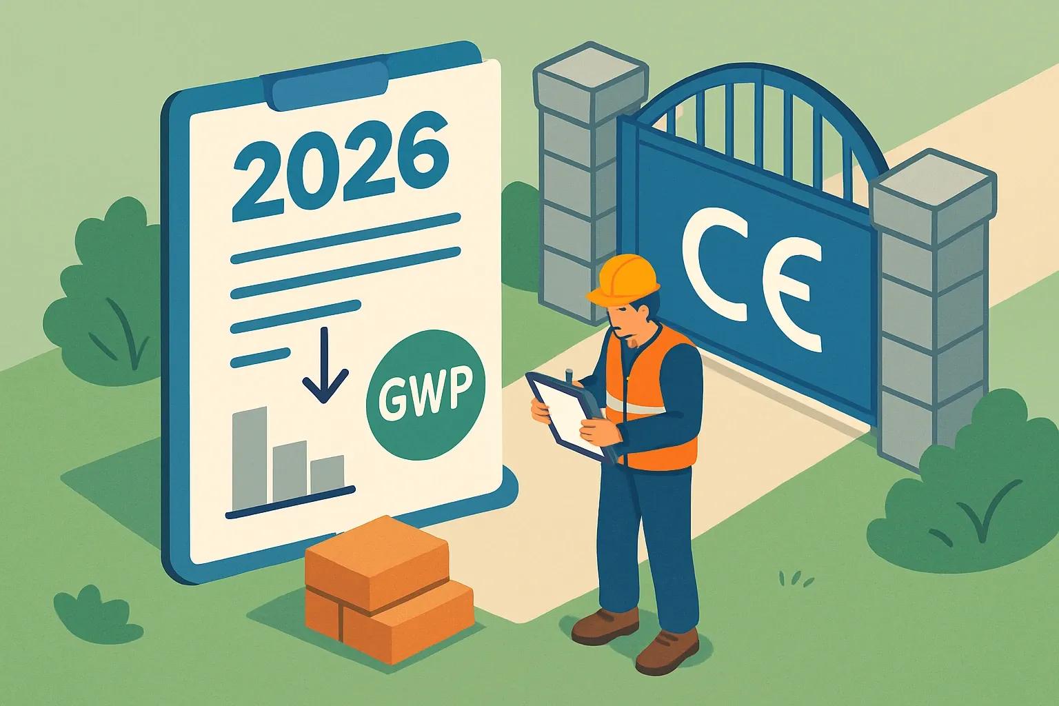 Generate an illustration for an article following this concept:
CPR 2026: GWP in your DoP, explained
From January 8, 2026, the EU’s revised Construction Products Regulation applies and turns environmental performance into a required part of the Declaration of Performance and Conformity. That single GWP line item is now a CE‑marking gate. Product managers who can pull the right EN 15804+A2 number, match the declared unit, and clear verification will keep market access smooth while others scramble. This is the one document change that protects continuity across 2026 tenders and distributor listings (EUR‑Lex, 2024).
Ensure that you use no text, as this illustration will be used on international translations of the article..
Use an illustrative style (e.g. isometic) and don't generate in a photorealistic style.