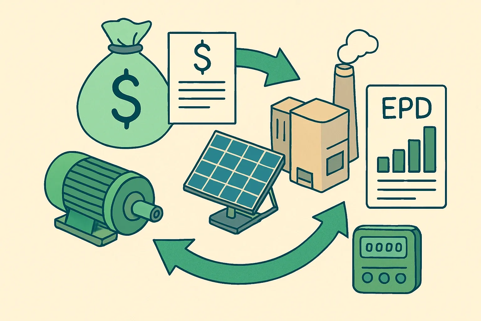 Generate an illustration for an article following this concept:
Turn Grants Into EPD Gains
Energy‑efficiency grants can fund new drives, boilers, or on‑site solar. Too often they don’t show up in the next EPD. The fix is not more spreadsheets. It is treating the project like an EPD input stream from day one, with the right meters, matching timelines, and verifier‑ready records.
Ensure that you use no text, as this illustration will be used on international translations of the article..
Use an illustrative style (e.g. isometic) and don't generate in a photorealistic style.