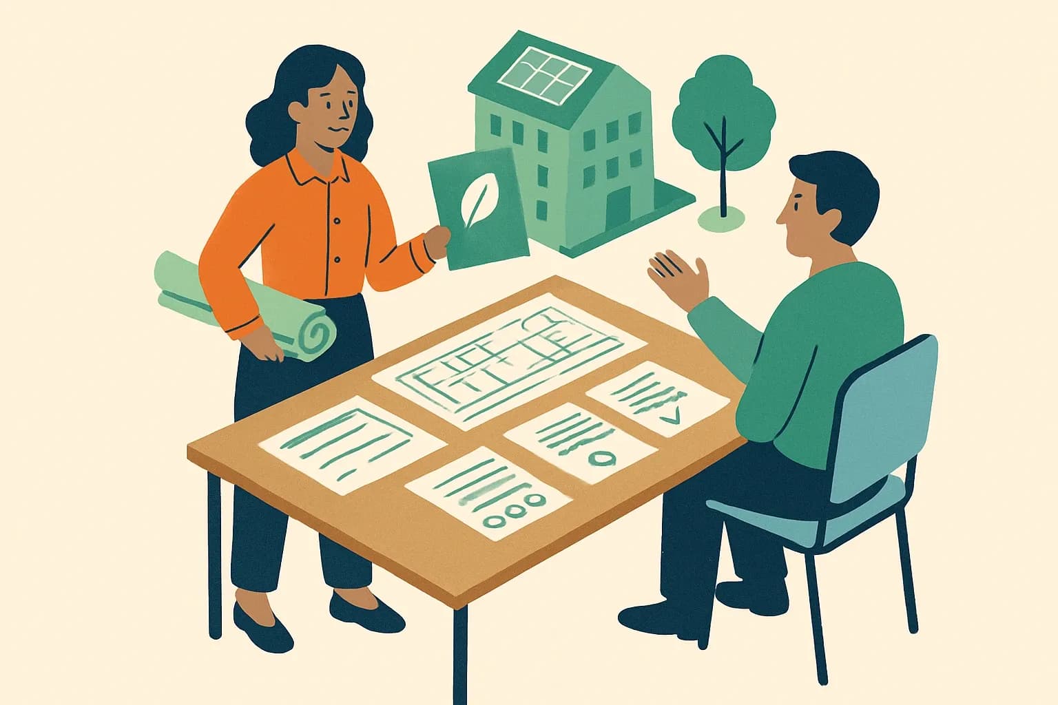 Generate an illustration for an article following this concept:
Architect Demand Has Shifted To Proactive
Architects are no longer waiting for clients to ask about sustainability. They are walking in with preferred options and a paper trail to back them up. For manufacturers, this flips timing on its head. Have EPDs, HPDs, and Declare labels ready before the first spec conversation or risk being filtered out early. Speed, completeness, and trust now decide whether your product even makes the short list.
Ensure that you use no text, as this illustration will be used on international translations of the article..
Use an illustrative style (e.g. isometic) and don't generate in a photorealistic style.