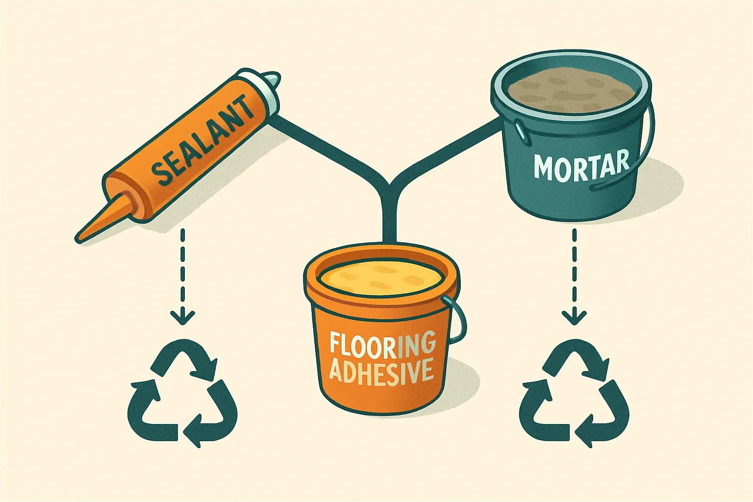 A simple forked flow showing tube sealant, flooring dispersion adhesive, and mortar buckets with icons for each and their typical PCR route.