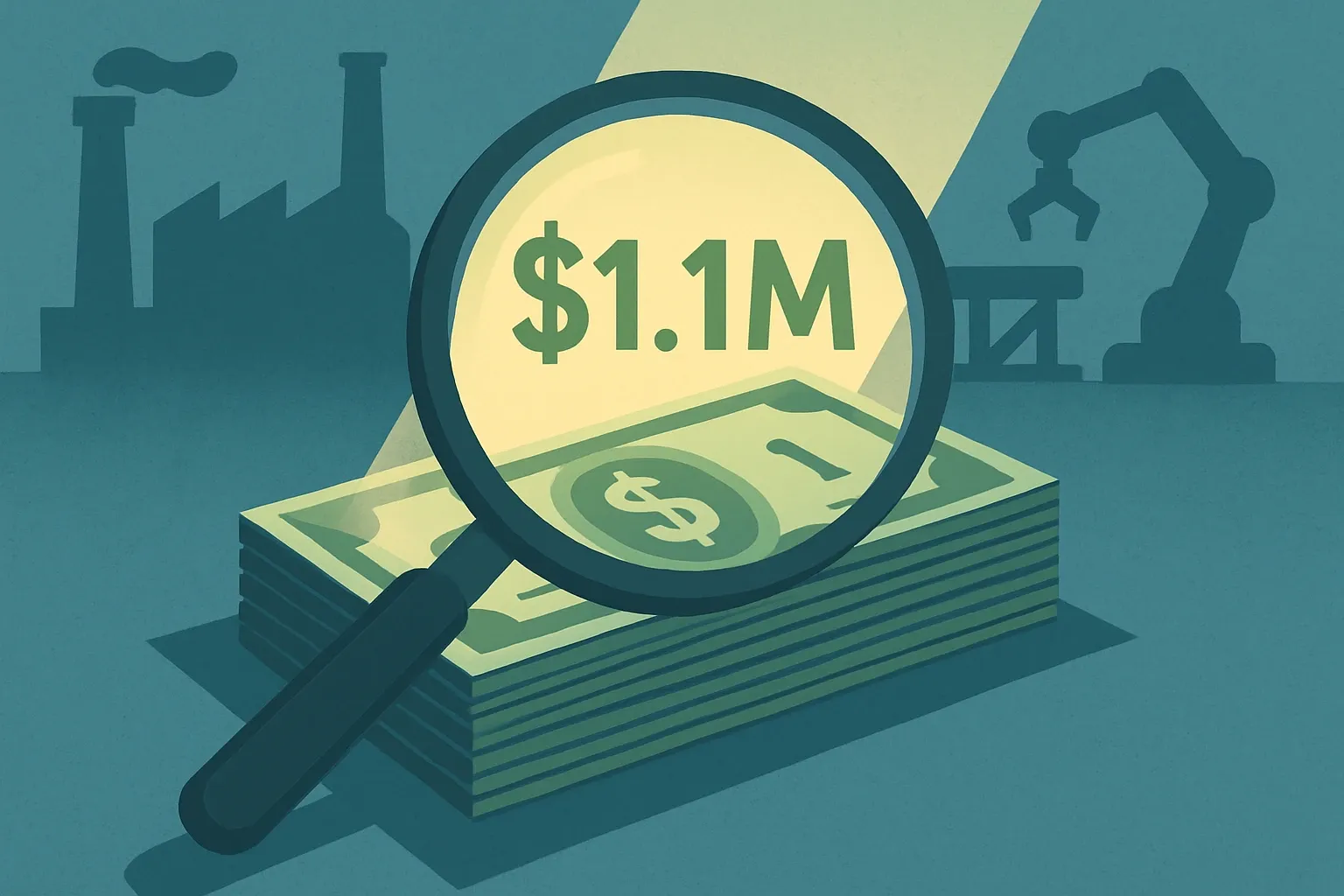 A stack of dollar bills under a magnifying glass illuminating the $1.1 million line item, with silhouettes of factory equipment in the background.