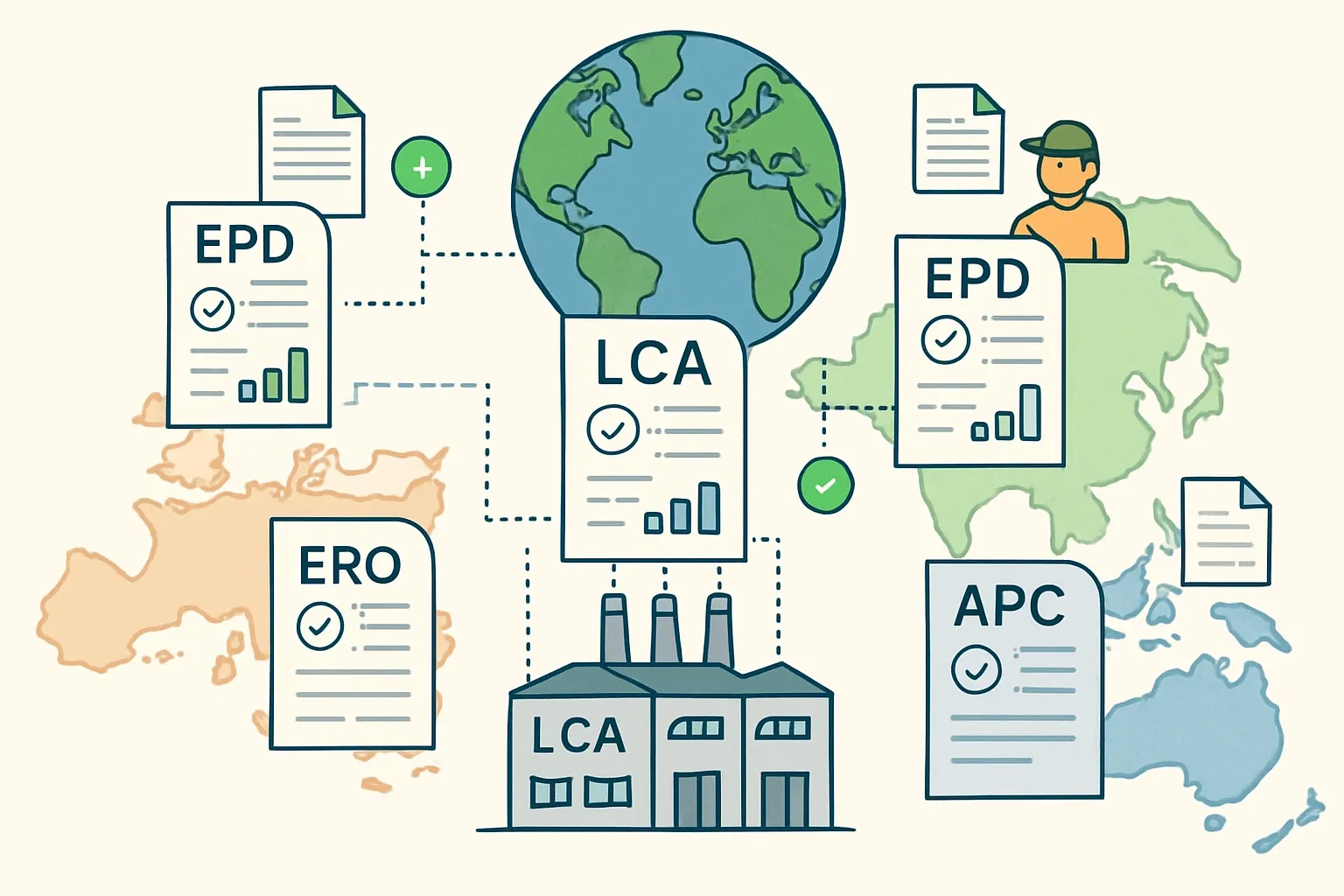 Generate an illustration for an article following this concept:
Global EPD strategy without triple work
Selling in Europe, North America, and APAC should not mean running three different LCA factories. The fastest path is a shared data spine (ERP, MES, supplier inputs) and a core set of LCAs, then smart add‑ons for regional rules, operators, and formats. The tricky bit is deciding where you truly need separate regional EPDs, where one document can satisfy two regions, and where an emerging market only needs a light, credible first step.
Ensure that you use no text, as this illustration will be used on international translations of the article..
Use an illustrative style (e.g. isometic) and don't generate in a photorealistic style.