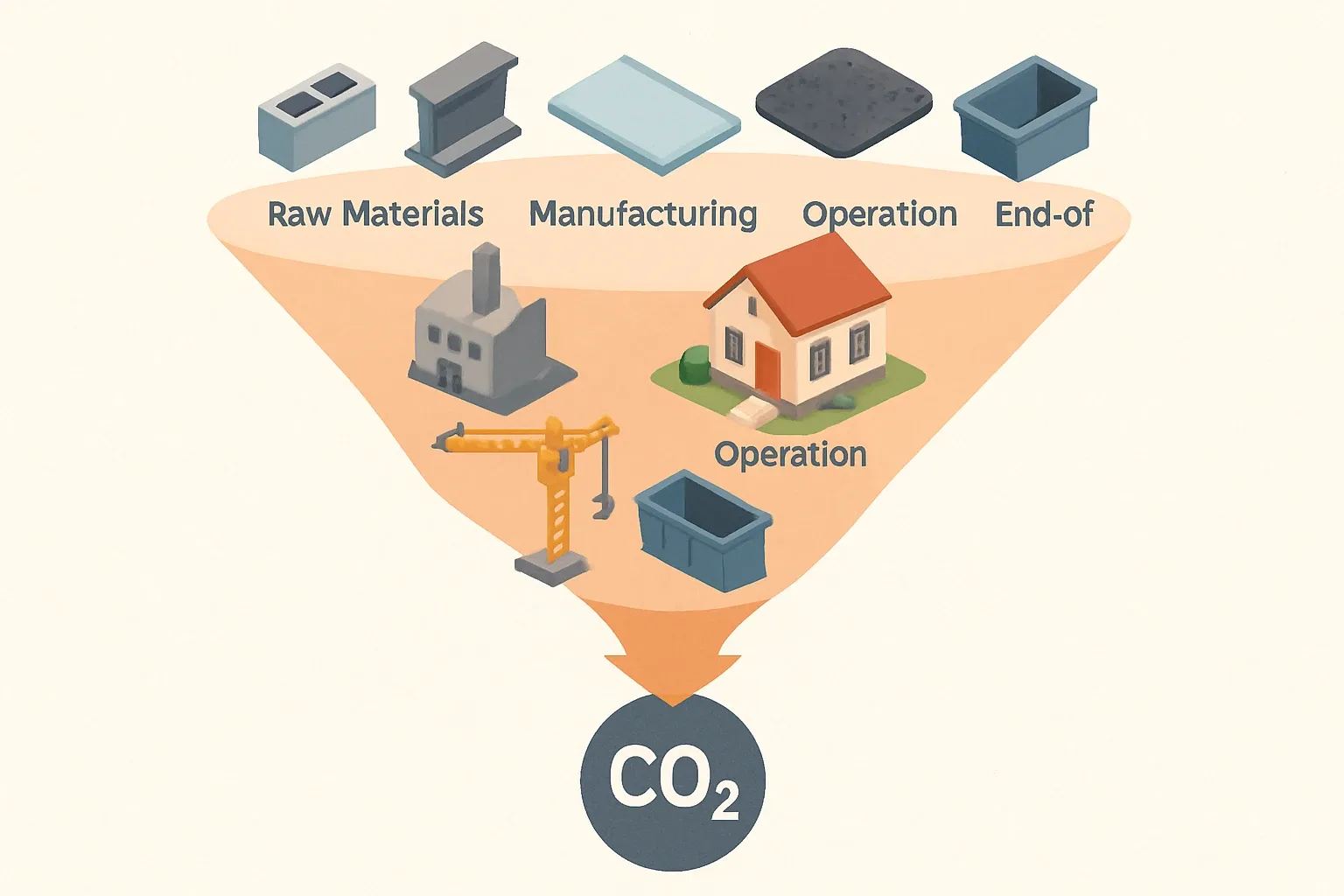 A visual funnel starting with raw materials, moving through manufacturing, construction, operations, and end‑of‑life, converging into a single project carbon figure. Small icons for concrete, steel, glass, asphalt, wood.