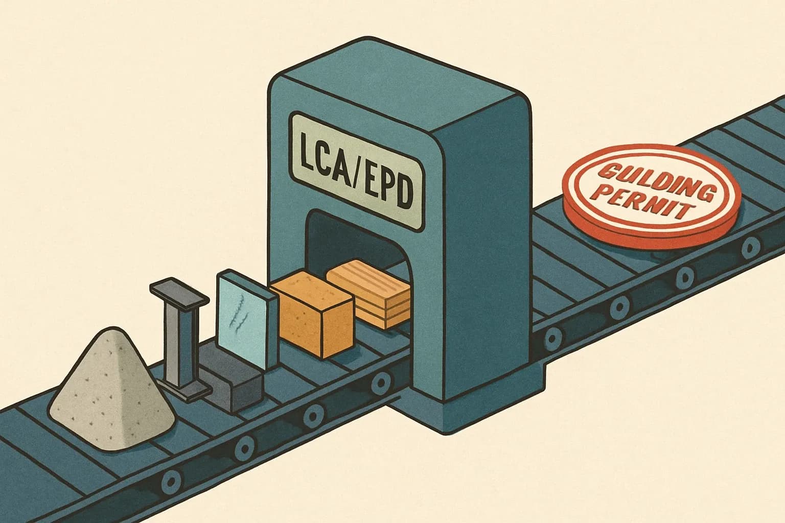 A conveyor of cement, steel, glass, asphalt, insulation, and wood flows through an LCA/EPD scanner and emerges as a building permit stamp, showing the path from manufacturing data to project approval.