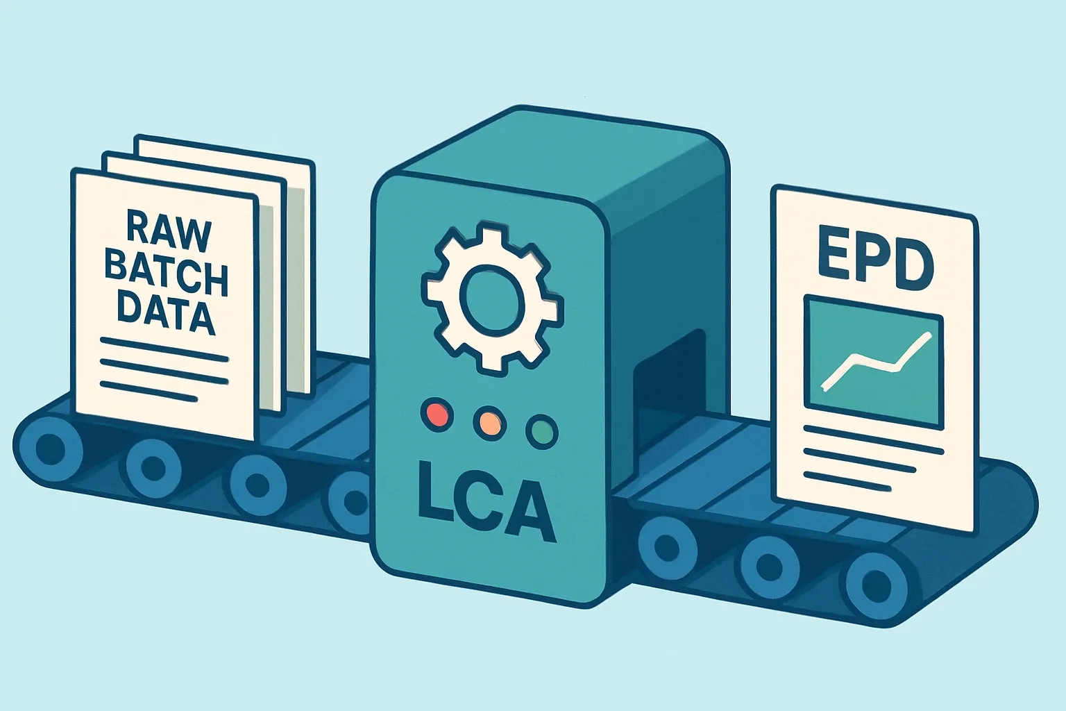 Conveyor belt carrying raw batch data into an LCA engine, then into a finished EPD document, emphasizing process automation.
