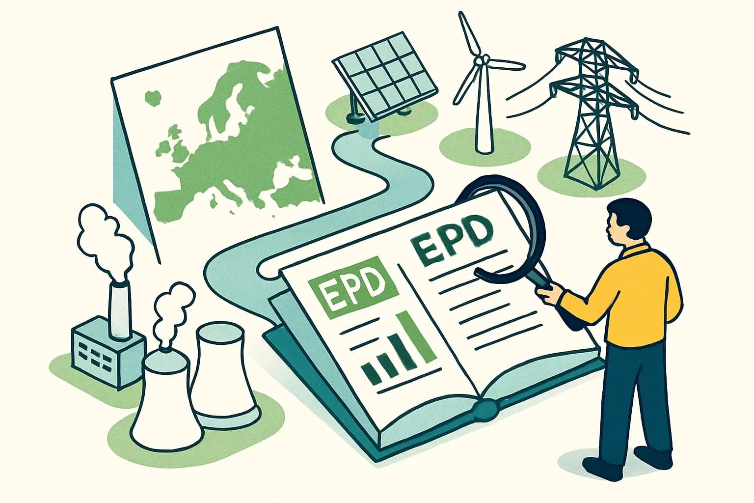 Generate an illustration for an article following this concept:
EPDs for Electric Power in Europe: Data Guide
Planning an electricity or heat project in 2026 and wondering who already publishes Environmental Product Declarations in Europe? This data‑backed scan of utilities, power producers, cogeneration and district heating players shows exactly where the market stands and how to choose the right path to a credible EPD.
Ensure that you use no text, as this illustration will be used on international translations of the article..
Use an illustrative style (e.g. isometic) and don't generate in a photorealistic style.