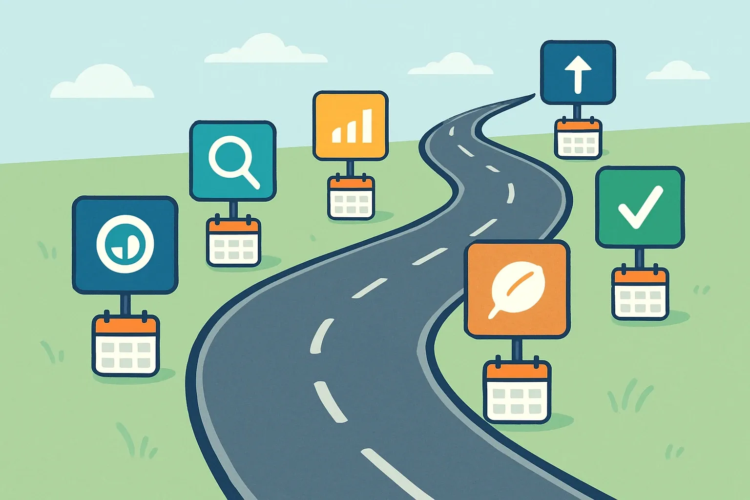 A clean road with five labeled checkpoints representing scope, data, LCA, verification, and publication, each with a simple icon and a small calendar badge.