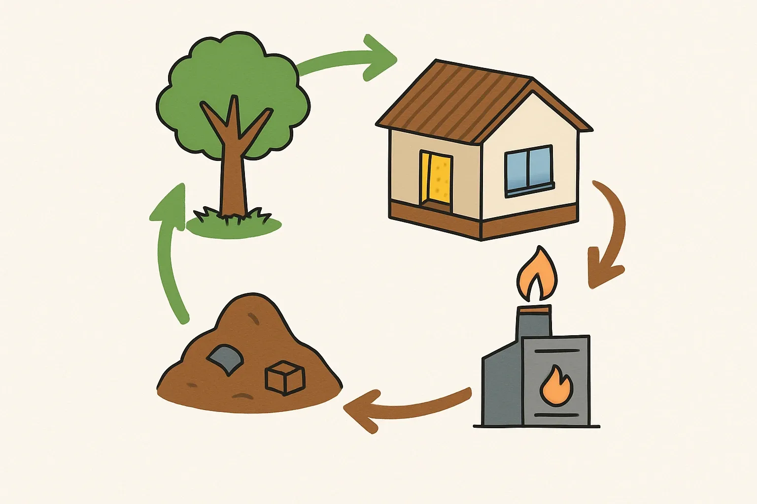 A simple circular flow showing carbon uptake during plant growth, storage in product use, and release routes at end‑of‑life with icons for energy recovery and landfill.