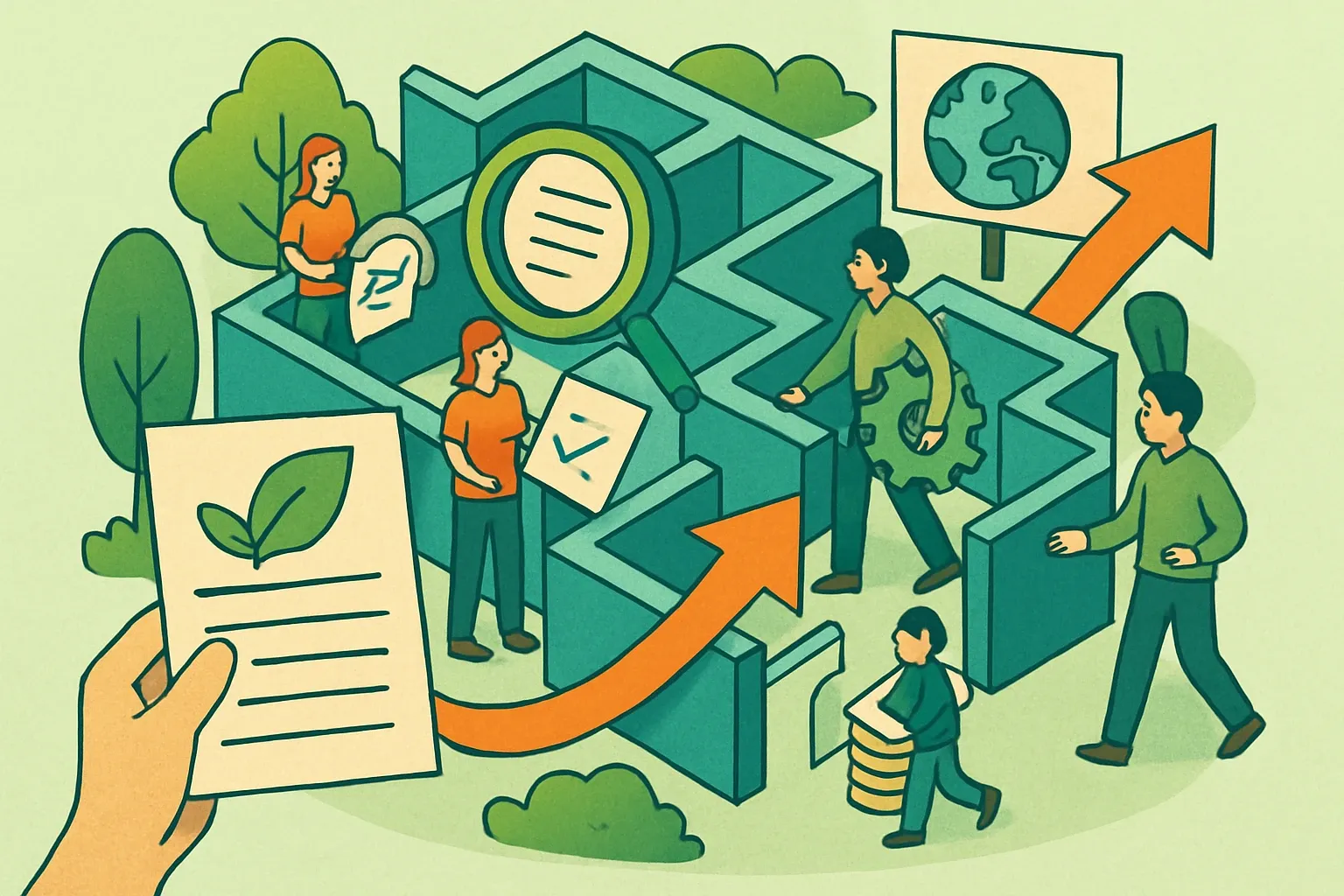 Generate an illustration for an article following this concept:
Unlocking Sustainability with Environmental Product Declarations
If product transparency still feels like a paperwork maze, EPDs are the map. Done right, they do more than check a box. They help you qualify for bids, stay in spec, and spot cost‑saving process improvements faster than rivals who rely on generic averages.
Ensure that you use no text, as this illustration will be used on international translations of the article..
Use an illustrative style (e.g. isometic) and don't generate in a photorealistic style.