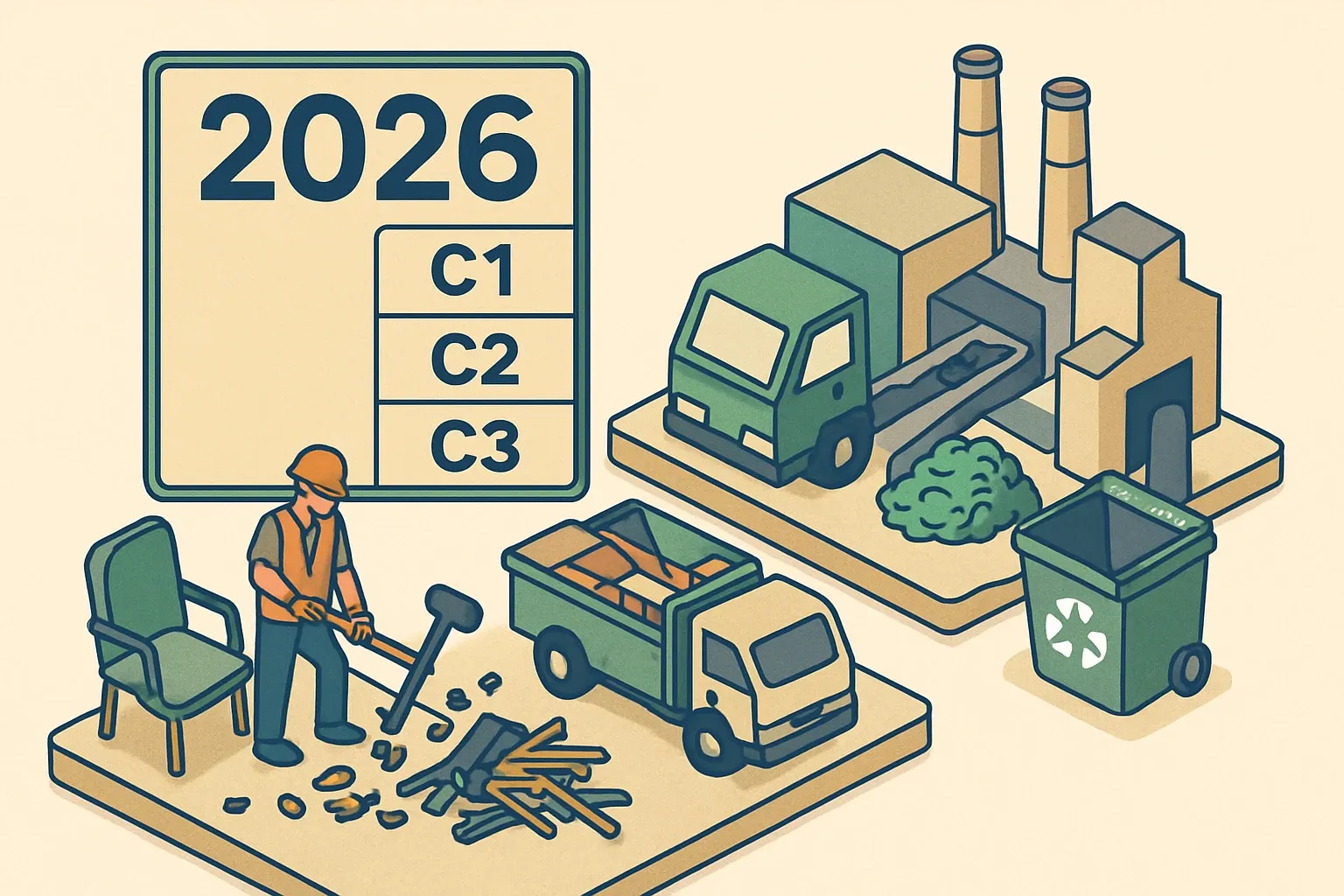 Generate an illustration for an article following this concept:
EPD Modules C1 to C4 for 2026
End of life is where many products lose the plot. C1 to C4 decide what happens when your product leaves service, and those choices can swing results that influence specs, credits, and bids. Get these modules right and you turn a messy teardown into clear, defensible numbers that buyers trust.
Ensure that you use no text, as this illustration will be used on international translations of the article..
Use an illustrative style (e.g. isometic) and don't generate in a photorealistic style.