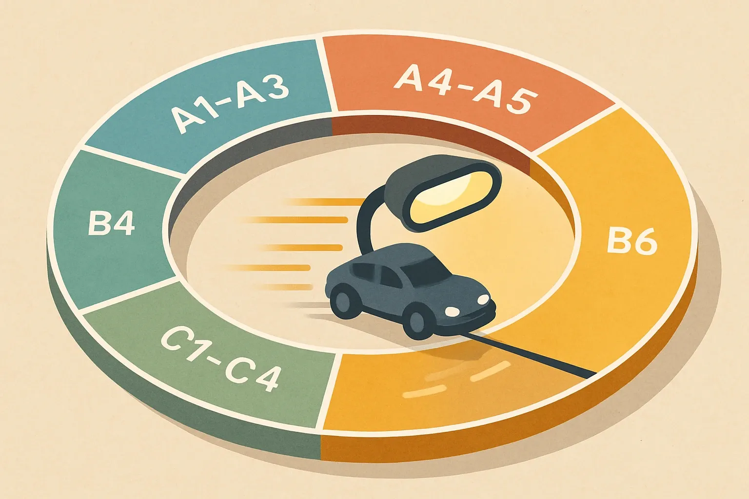 A circular race track labeled A1–A3, A4–A5, B4, B6, C1–C4 with a luminaire car speeding through the B6 section, visually larger to show dominance of use‑phase energy.