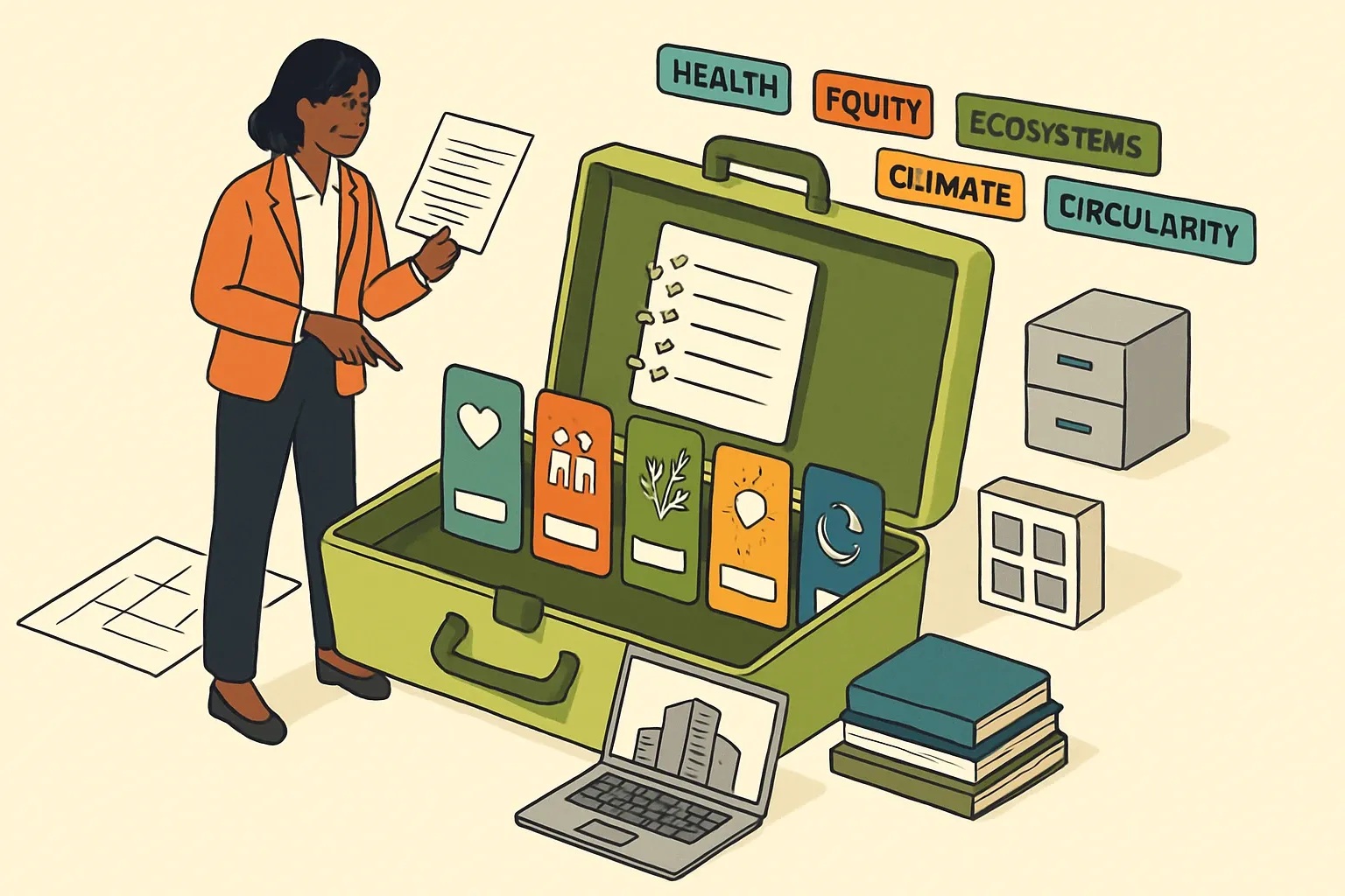 Generate an illustration for an article following this concept:
The Materials Pledge response kit manufacturers need
Architects are organizing around the A&D Materials Pledge. That changes sales conversations, submittals, and even lunch‑and‑learns. A flexible response kit mapped to the five pledge categories helps win specs faster, reduces back‑and‑forth on documentation, and keeps products in play when teams filter by health, equity, ecosystems, climate, and circularity. Most firms now have internal guidance or libraries, yet many of those libraries still miss parts of the pledge, which creates a gap well prepared manufacturers can fill (AIA Materials Pledge Starter Guide, 2024).
Ensure that you use no text, as this illustration will be used on international translations of the article..
Use an illustrative style (e.g. isometic) and don't generate in a photorealistic style.