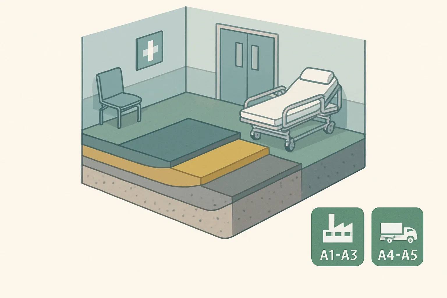 A cross‑section view of a hospital corridor floor build‑up showing concrete substrate, primer, self‑smoothing resin layer, topcoat, and icons for LCA modules A1–A3 and A4–A5 to signify Danish compliance.