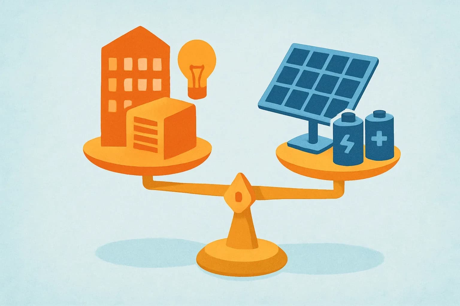 A balanced scale with building loads on one side and clean energy plus storage on the other, visualized with simple icons for envelope, HVAC, lighting, PV, and batteries.