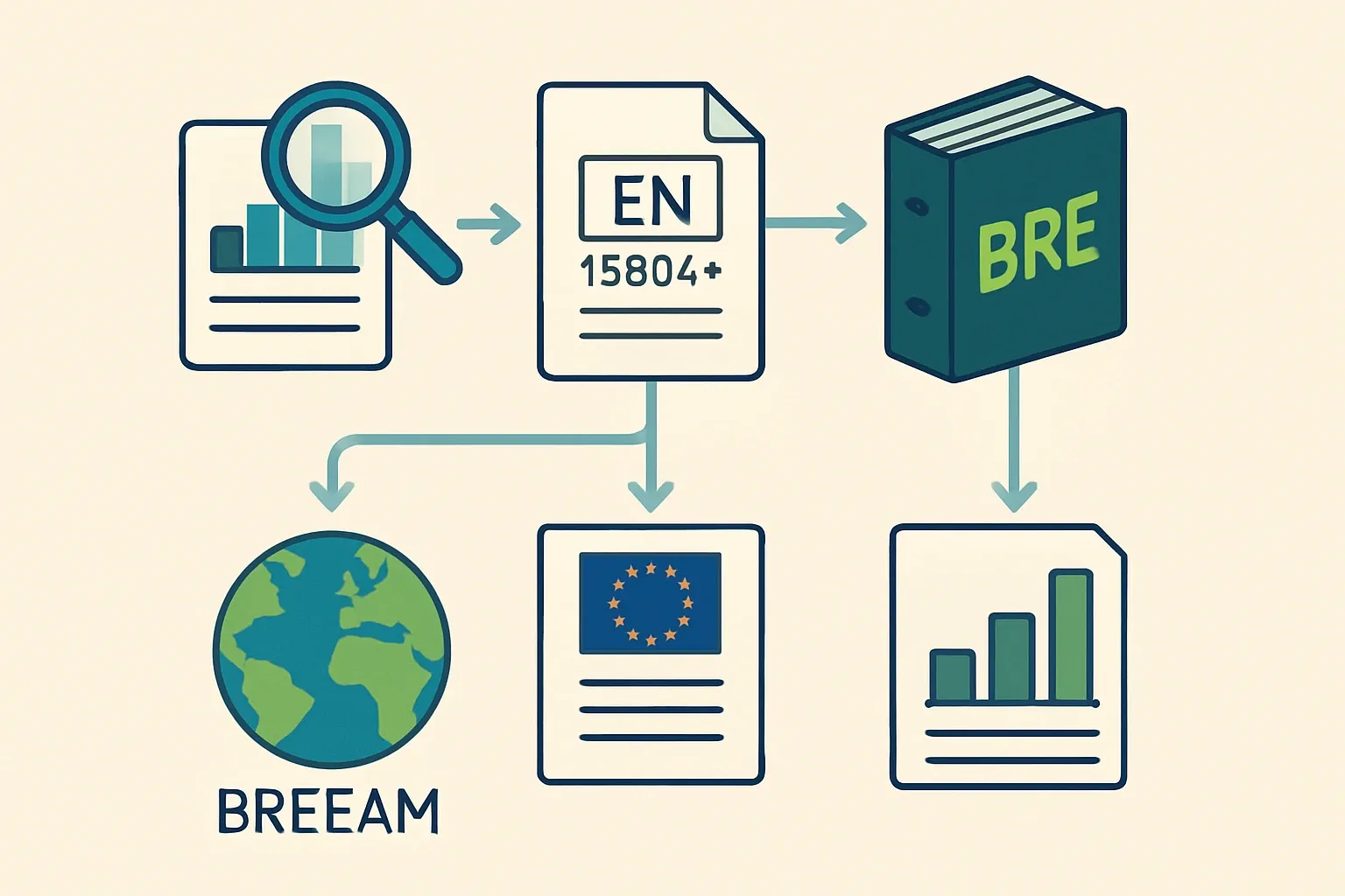 A clean flow diagram showing choices from product data collection to EN 15804+A2 verification, then branching to publication with BRE or a European operator, and final use in BREEAM and WLC assessments.