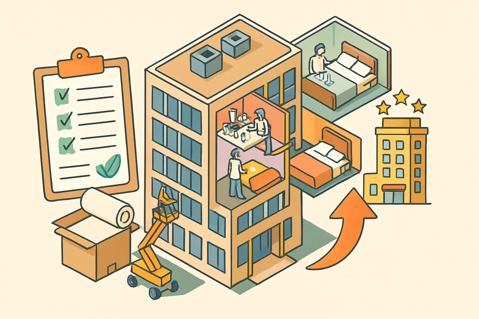 Generate an illustration for an article following this concept:
Arlington’s Adaptive Reuse Rule: What Manufacturers Should Do Now
Arlington County just made it faster to convert empty offices into homes, hotels, labs, and more under ZOA‑2024‑09. That means fit‑outs will move, specs will tighten, and enviromental documentation will decide winners. If your product shows up in interiors or envelope upgrades, this is your alert.
Ensure that you use no text, as this illustration will be used on international translations of the article..
Use an illustrative style (e.g. isometic) and don't generate in a photorealistic style.