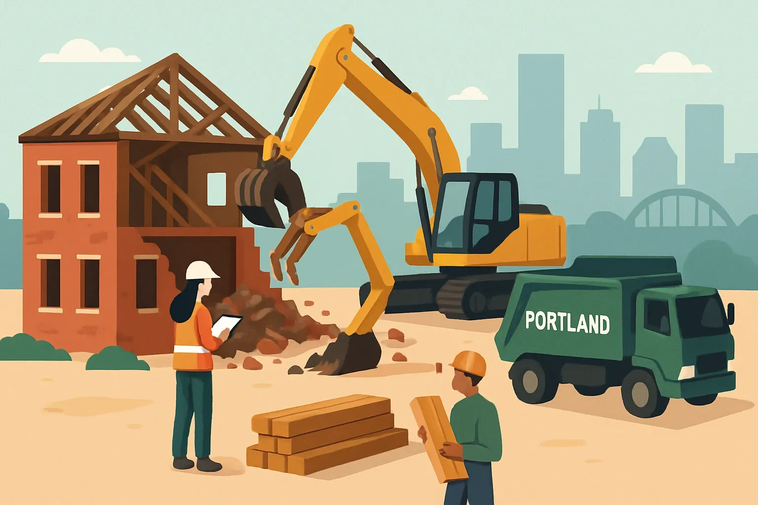 Generate an illustration for an article following this concept:
Portland Commercial Deconstruction Grants: What Manufacturers Should Know
Portland just put real money behind commercial deconstruction. That means more projects salvaging fixtures and structural lumber instead of rushing to the landfill, and more opportunities for product makers to win the replacement scope with low‑carbon, well‑documented materials.
Ensure that you use no text, as this illustration will be used on international translations of the article..
Use an illustrative style (e.g. isometic) and don't generate in a photorealistic style.