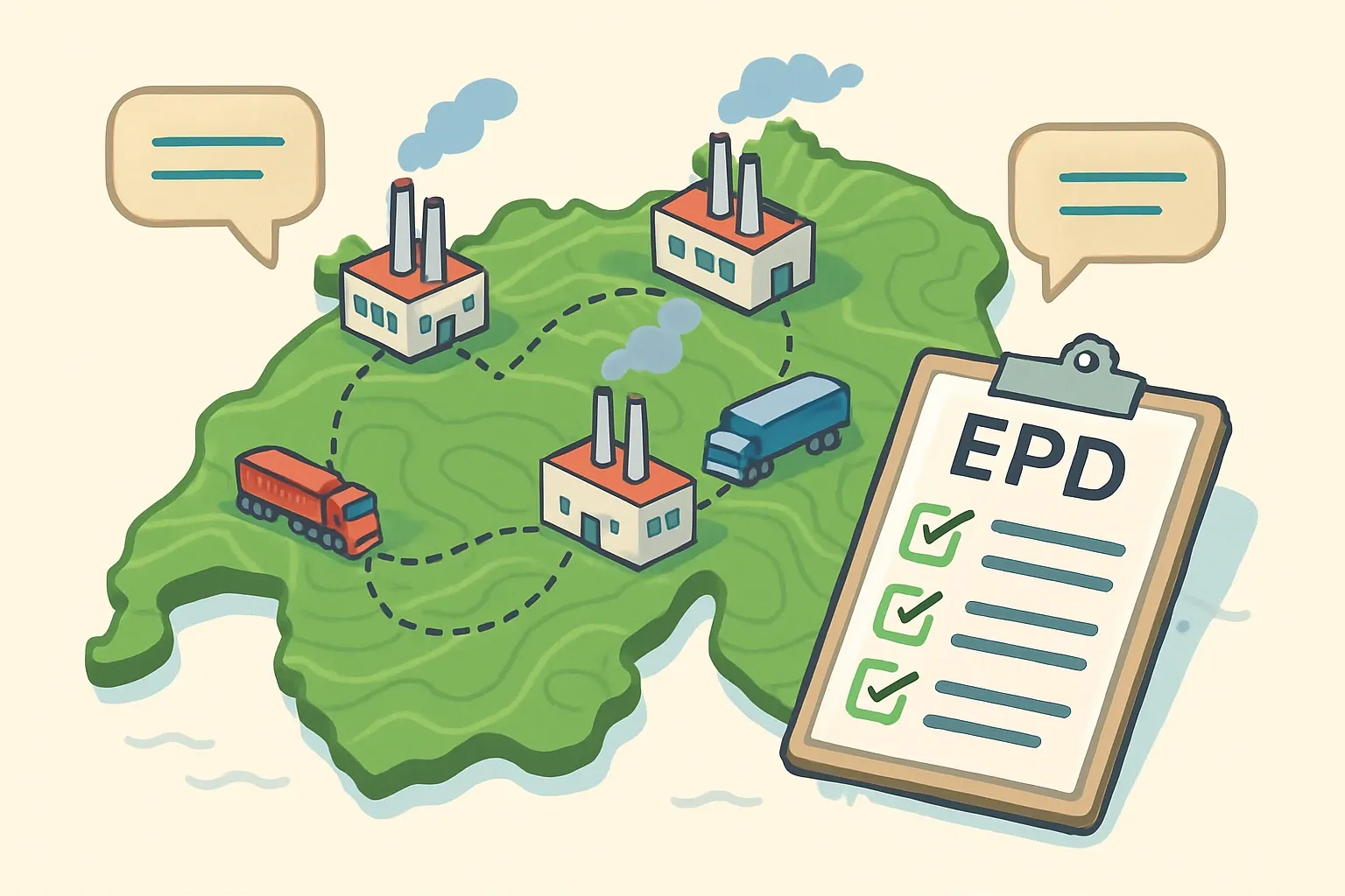 A stylized Swiss topographic map showing factory icons, transport routes, and a checklist overlay linking plant data to an EPD document, with German and French language bubbles.
