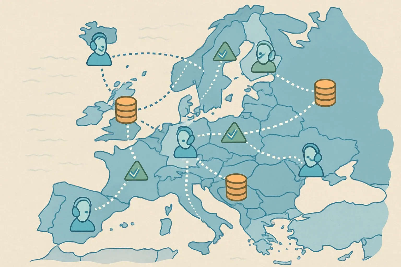 A clean map of Europe showing icons for program operators, databases, and ECO Platform nodes, with dotted lines indicating recognition across borders.
