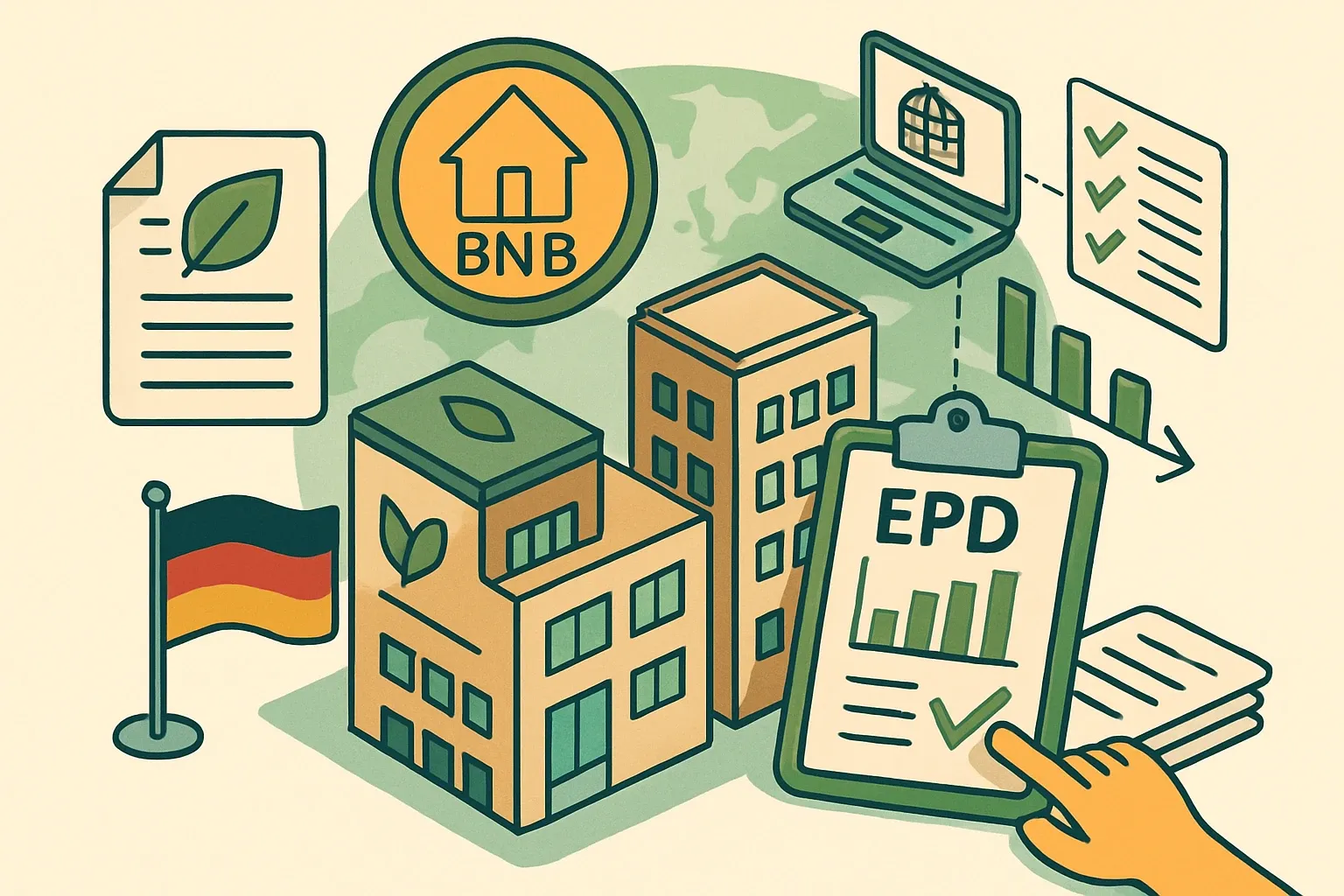 Generate an illustration for an article following this concept:
BNB Germany: EPDs That Win Specs
Selling into German public projects often hinges on BNB deliverables. If your product’s EPDs plug cleanly into building LCAs, you shorten decision time and sidestep pessimistic defaults that can sink a bid. Here’s how the BNB system works and how manufacturers turn EPD readiness into consistent spec wins, without drowning teams in paperwork. It’s simpler than it looks, and yes, it’s definately worth the effort.
Ensure that you use no text, as this illustration will be used on international translations of the article..
Use an illustrative style (e.g. isometic) and don't generate in a photorealistic style.