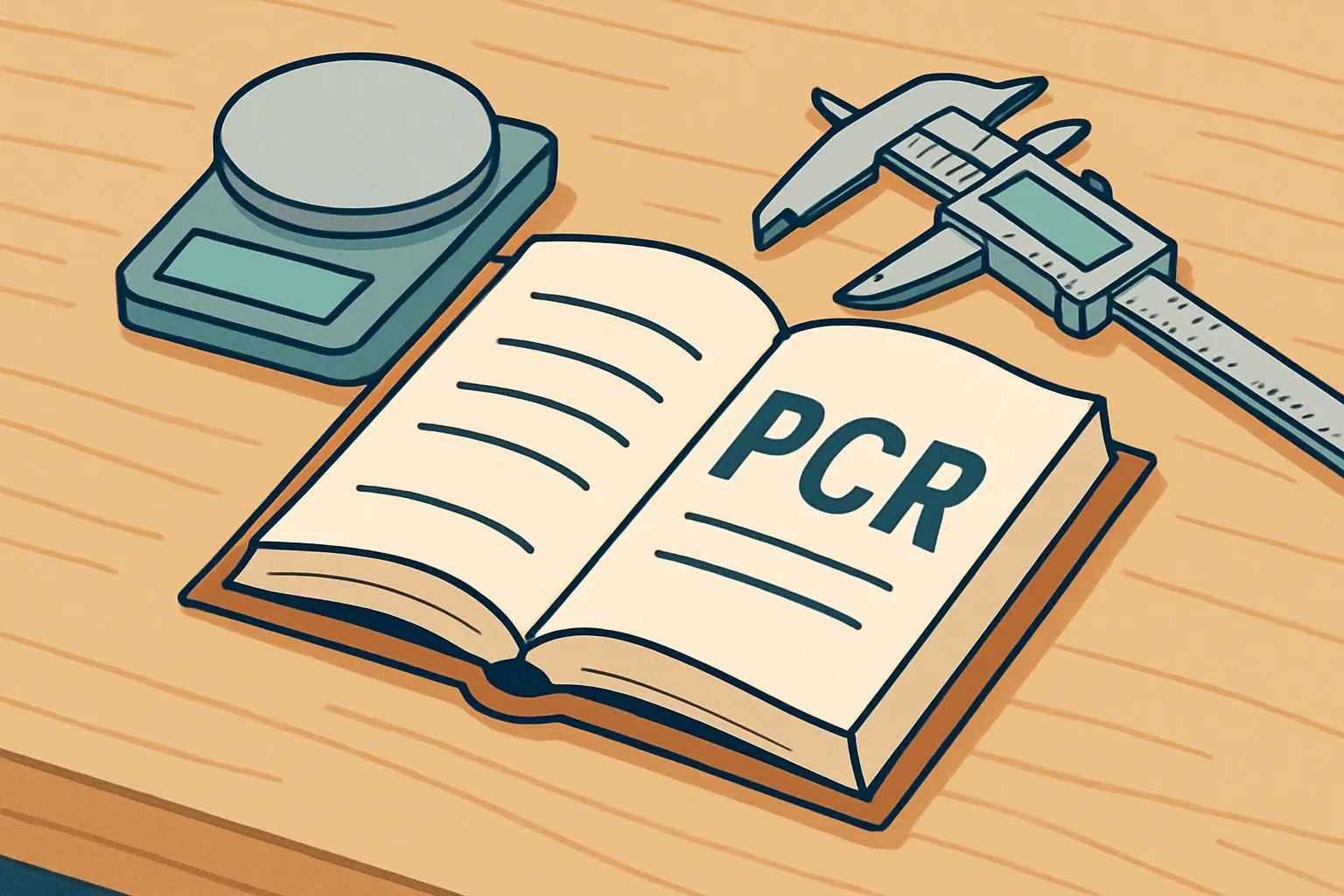 Open rulebook labeled PCR on a workbench, with measuring tools like a caliper and scale to symbolize declared unit and allocation.