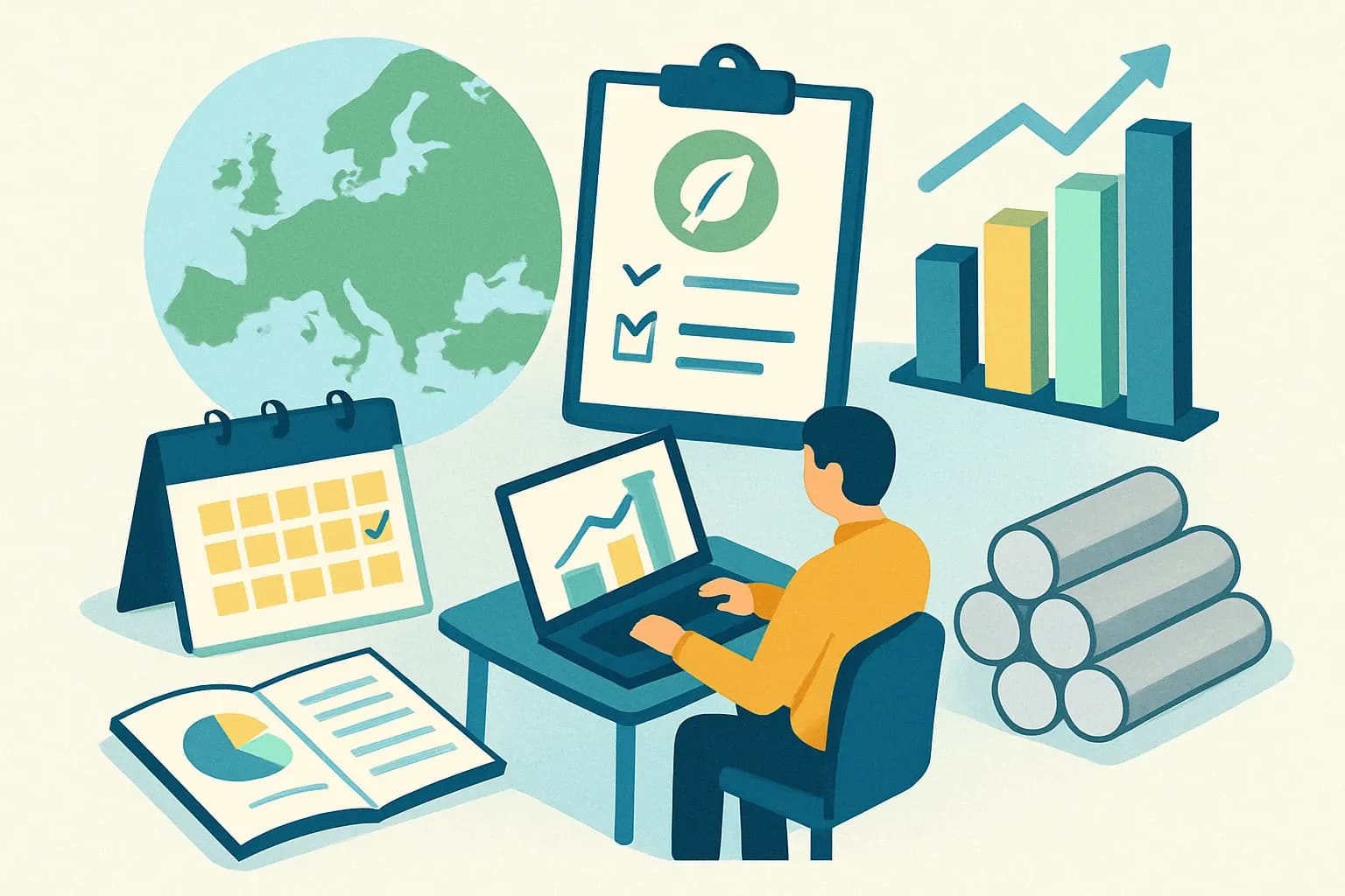 Generate an illustration for an article following this concept:
EPDs for Aluminium Billets in Europe, the data-based guide
Planning an EPD for aluminium billets in 2026? Here is the full market picture for Europe in one place, written for busy manufacturing leaders. We translate the numbers into practical choices on program operators, PCRs, timelines, and how to avoid renewal pileups.
Ensure that you use no text, as this illustration will be used on international translations of the article..
Use an illustrative style (e.g. isometic) and don't generate in a photorealistic style.