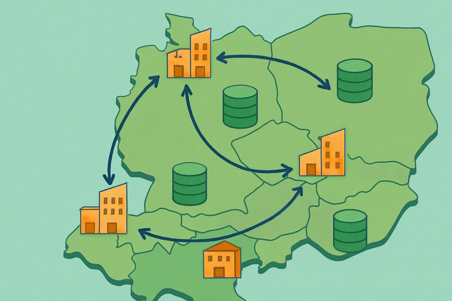 A clean map visualization of Central Europe showing Germany, Austria, Switzerland, Poland, and Czechia with arrows between program operators and national data hubs, highlighting mutual recognition routes and database destinations.
