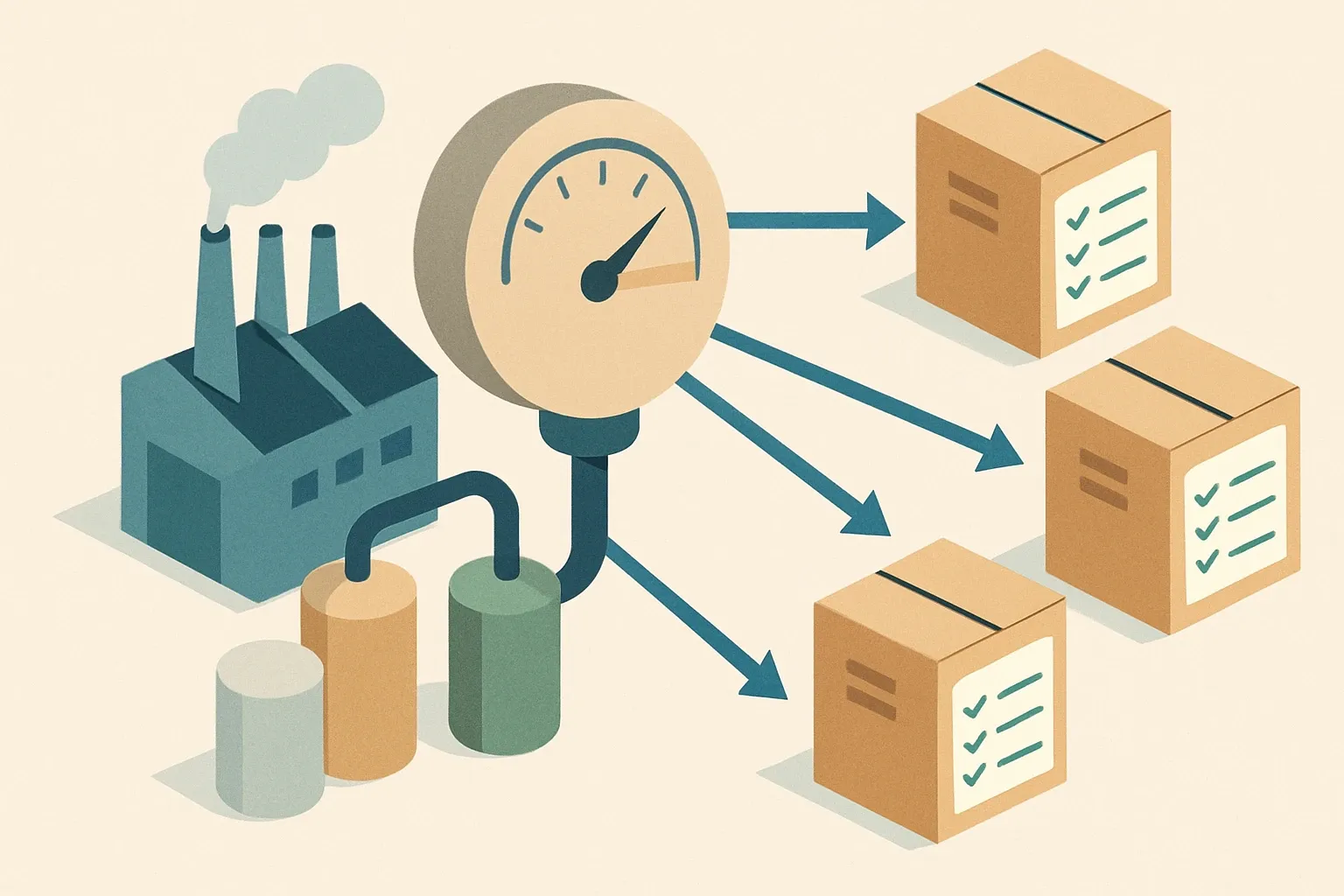 Generate an illustration for an article following this concept:
Allocate Plant Data To SKUs For EPDs
One meter, many SKUs. That’s the headache. Shared lines and shared utilities blur the trail from plant invoices to product footprints. Clean, transparent allocation rules turn that blur into a crisp picture verifiers can follow and that product teams can keep current without heroics.
Ensure that you use no text, as this illustration will be used on international translations of the article..
Use an illustrative style (e.g. isometic) and don't generate in a photorealistic style.