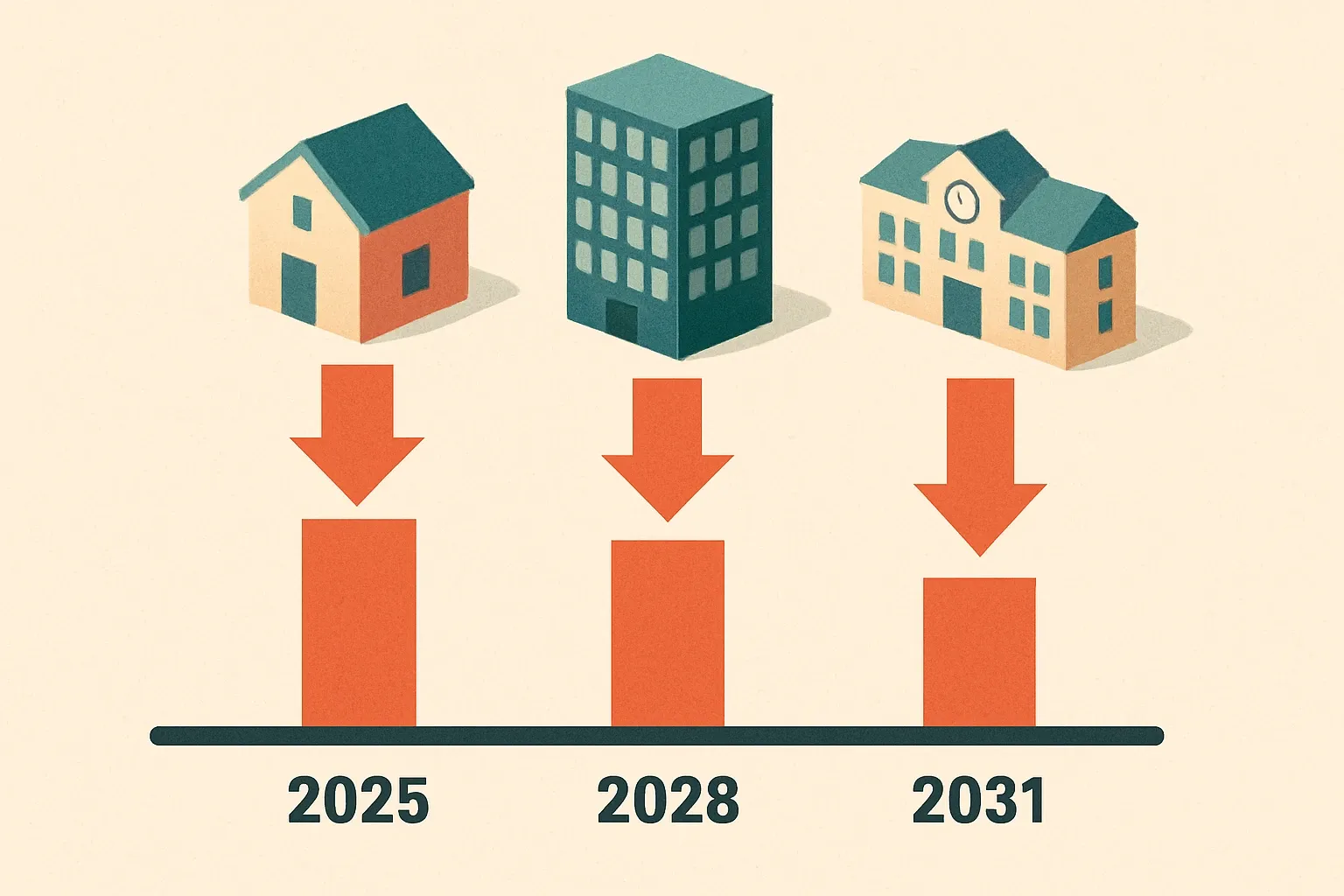 A clean timeline showing three milestones labeled 2025, 2028, 2031 with descending bars for Ic construction and Ic énergie across housing, offices, and schools.