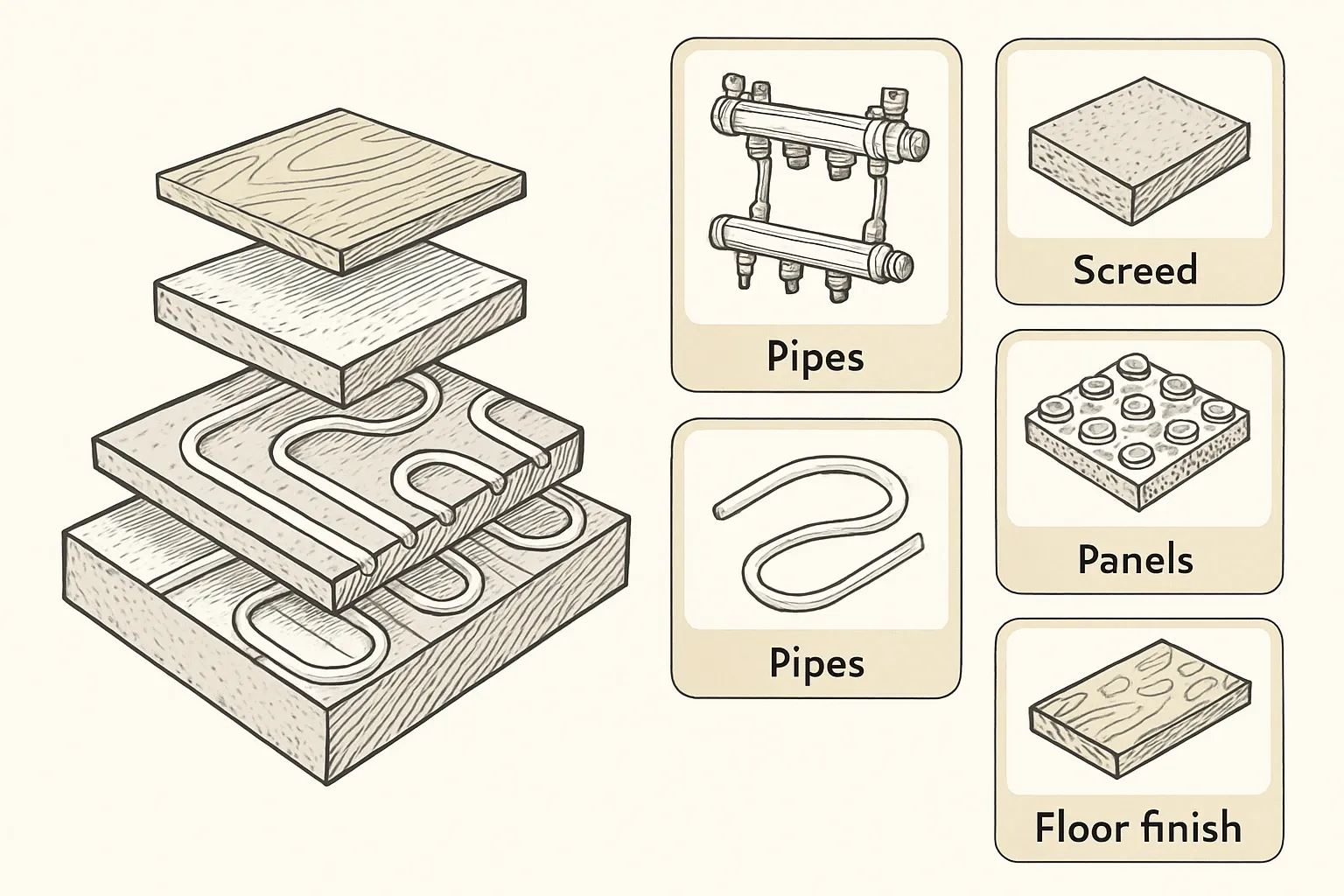 A line drawing of an underfloor heating assembly split into labeled layers showing pipes, manifolds, panels, screed, and floor finish, with each component highlighted as a separate EPD “card.”