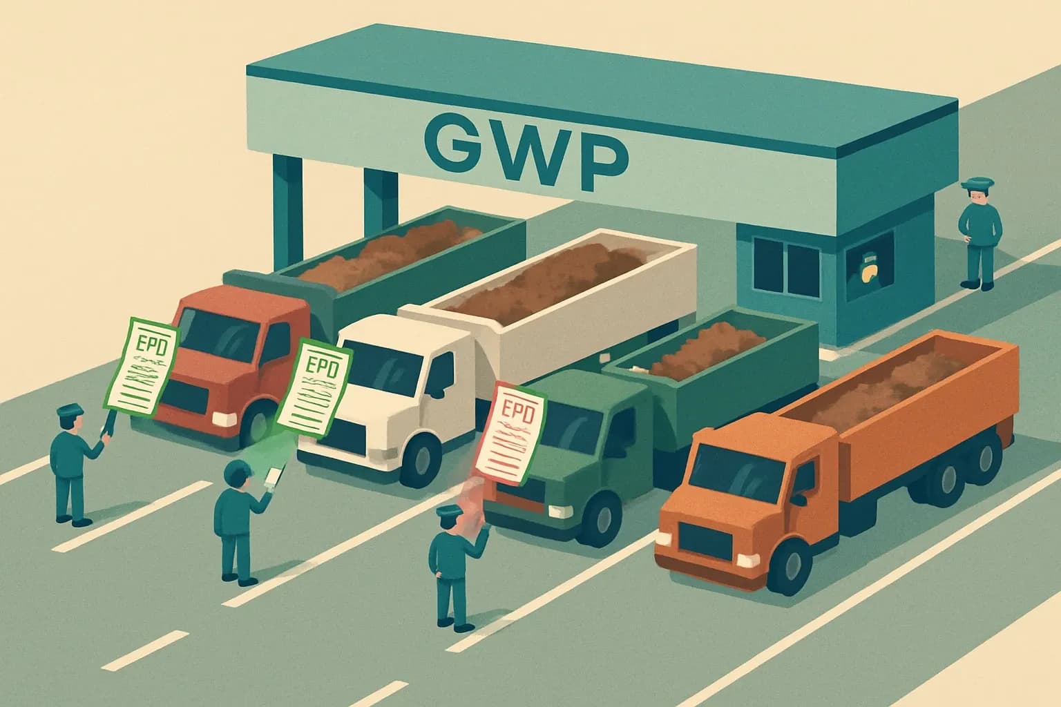 A checkpoint booth labeled GWP with four lanes for steel, rebar, flat glass, and insulation. Trucks carrying materials show EPD documents that scan green or red based on the limit.